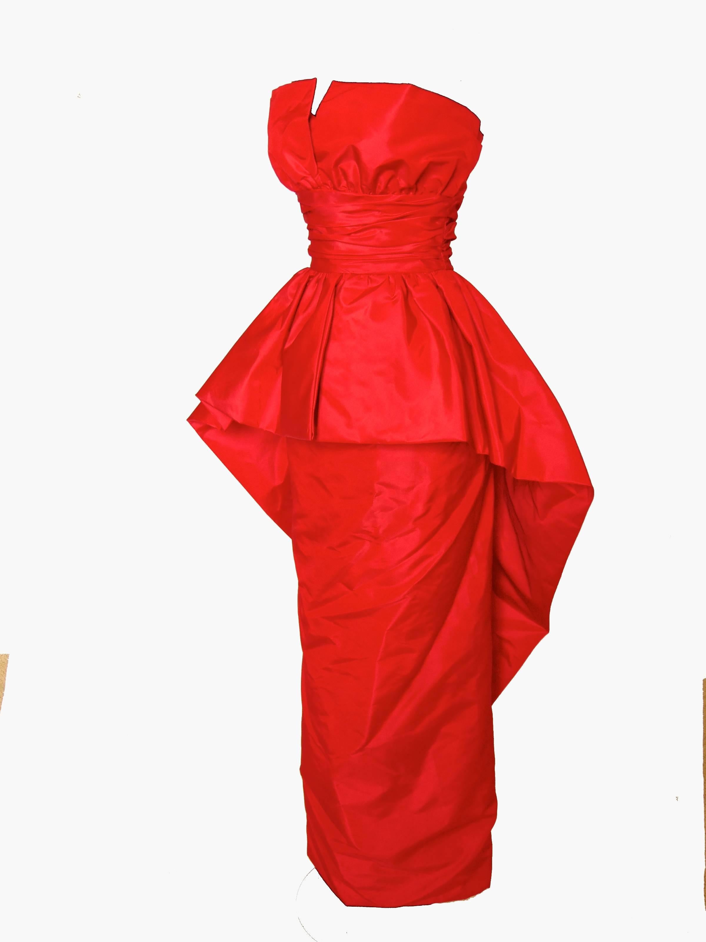 Women's Victor Costa Bright Red Taffeta Evening Gown Strapless Sheath 1970s Size XS