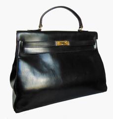 Rare 1947 Hermes Kelly Bag Retourne 35cm Sac a Depeches in Black Box Leather