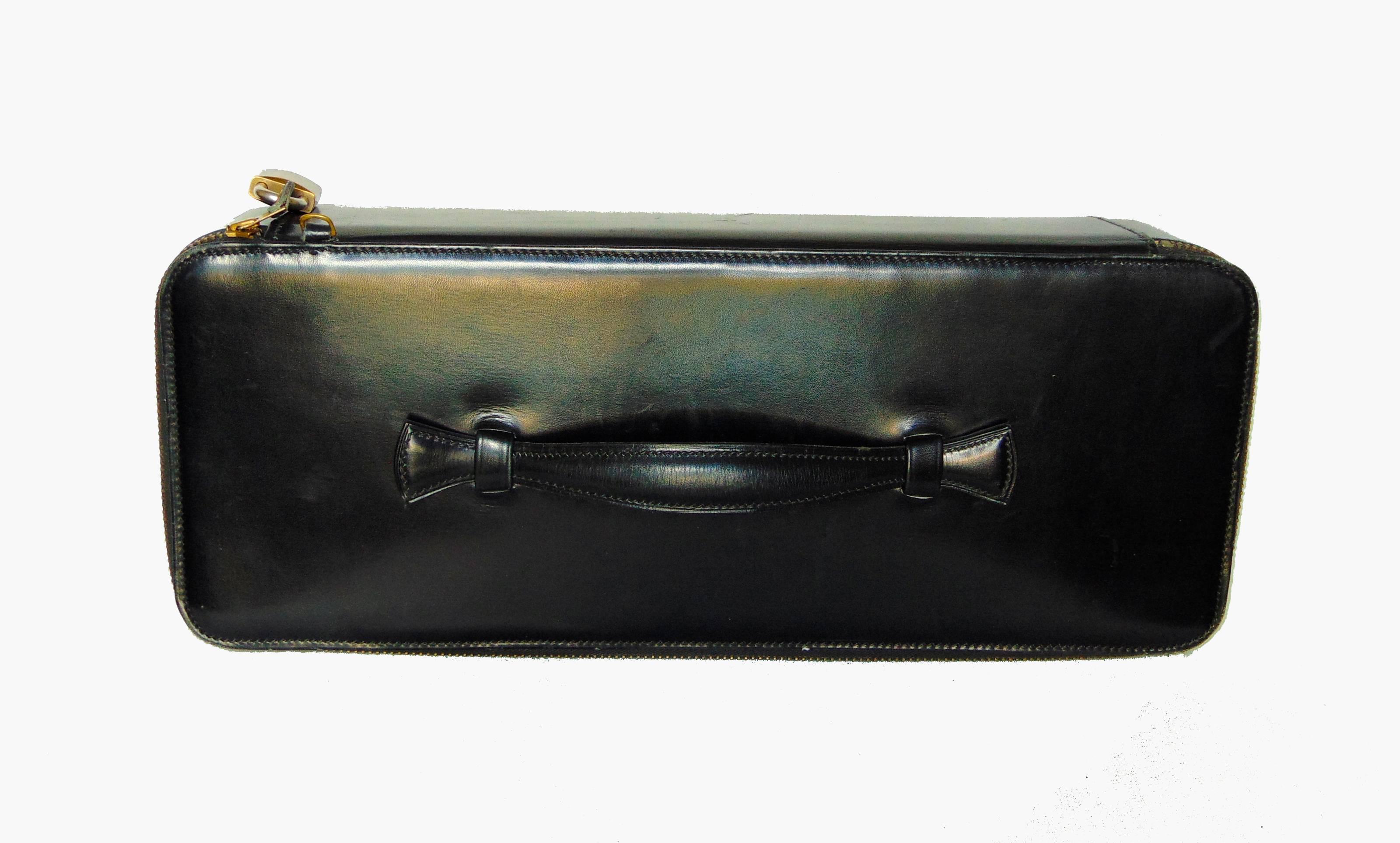 Unique Hermes Black Box Leather Trinket Box with Red Velvet Lining 1940s  1