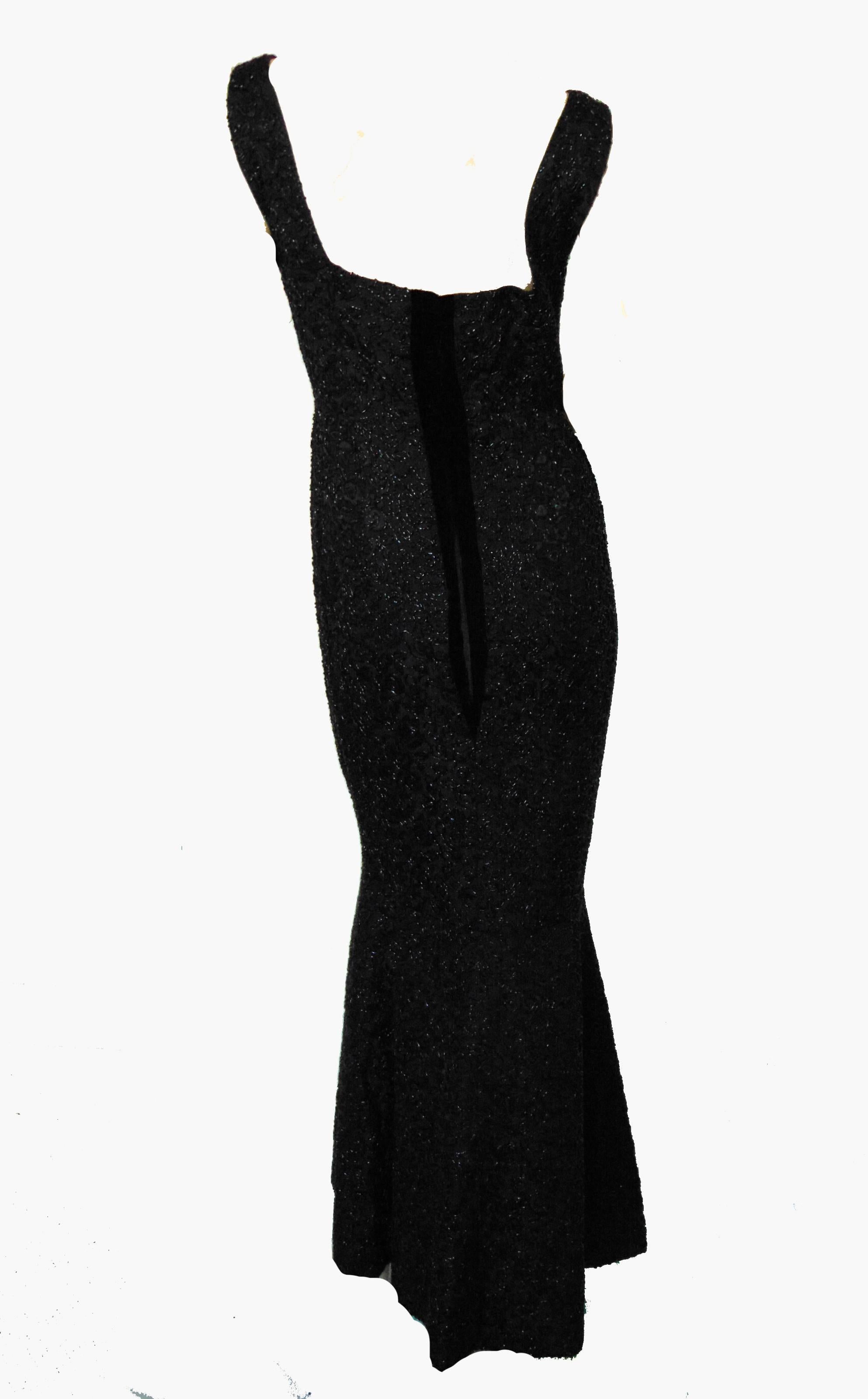 Rare Mermaid Evening Gown Fishtail Hem Black Beaded Brocade 1960s Sz S 1