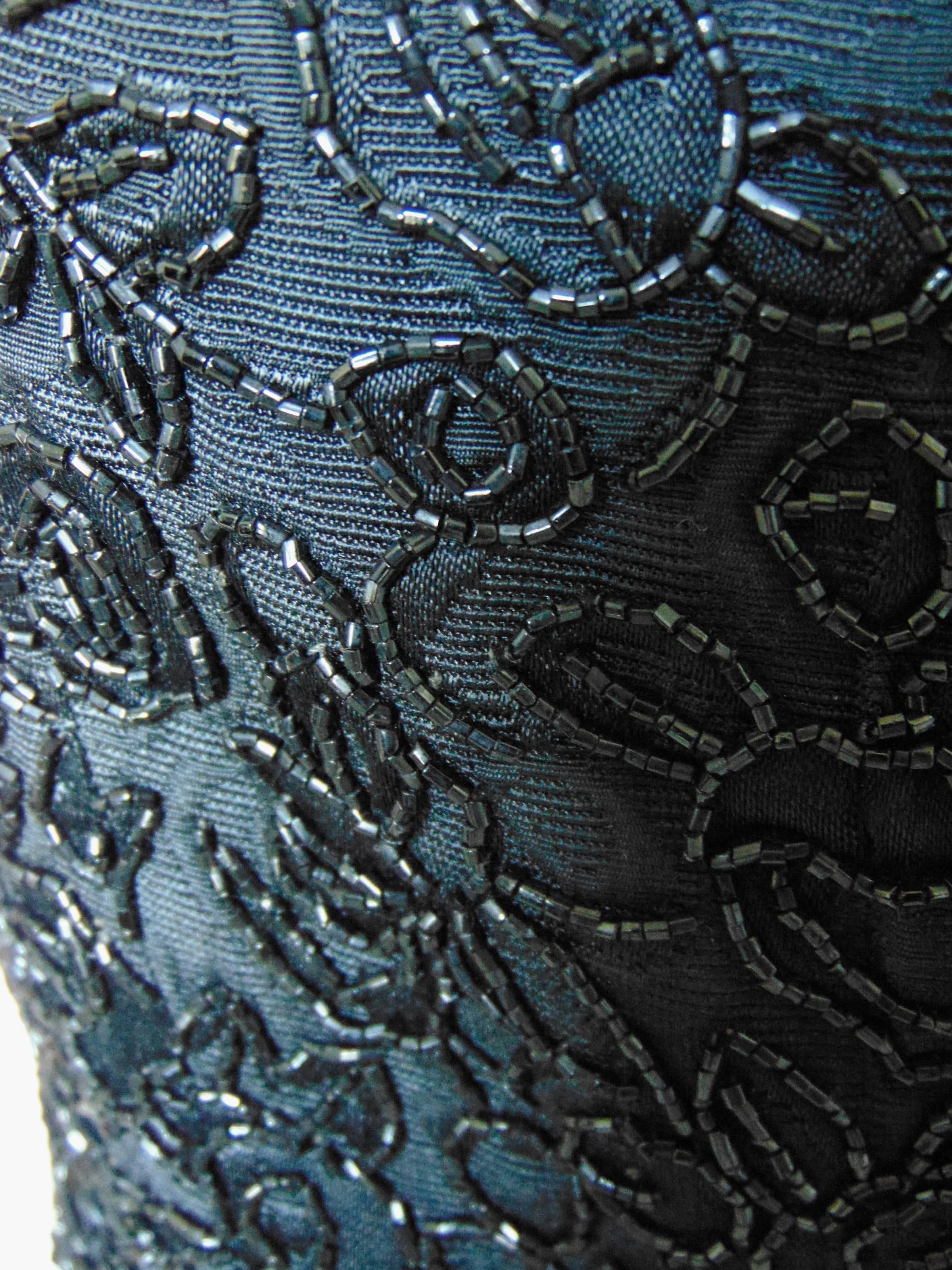 Rare Mermaid Evening Gown Fishtail Hem Black Beaded Brocade 1960s Sz S 3