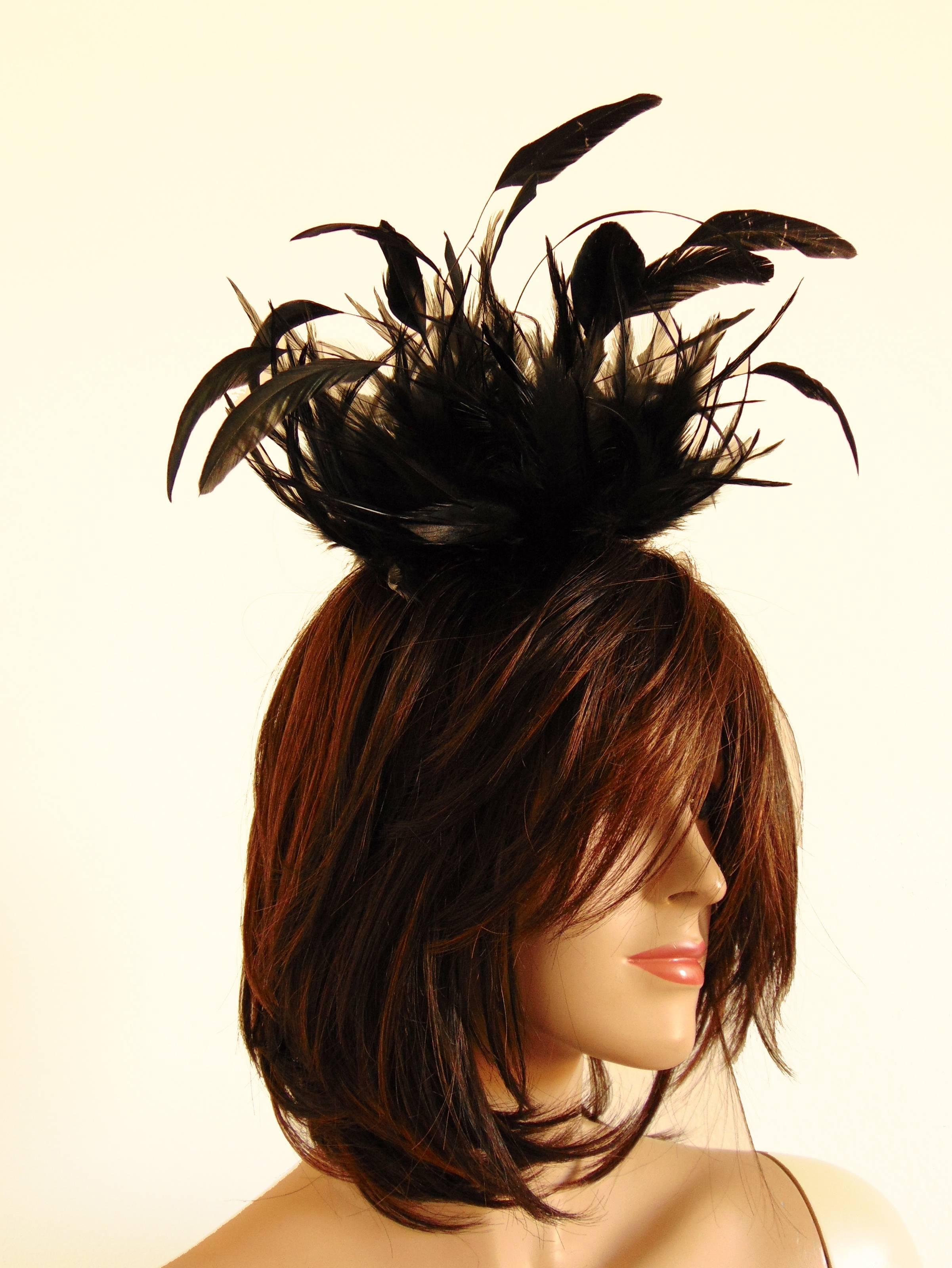 Rare Yves Saint Laurent Black Feather Hat or Cap 1970s One Size Fits Most In Excellent Condition In Port Saint Lucie, FL