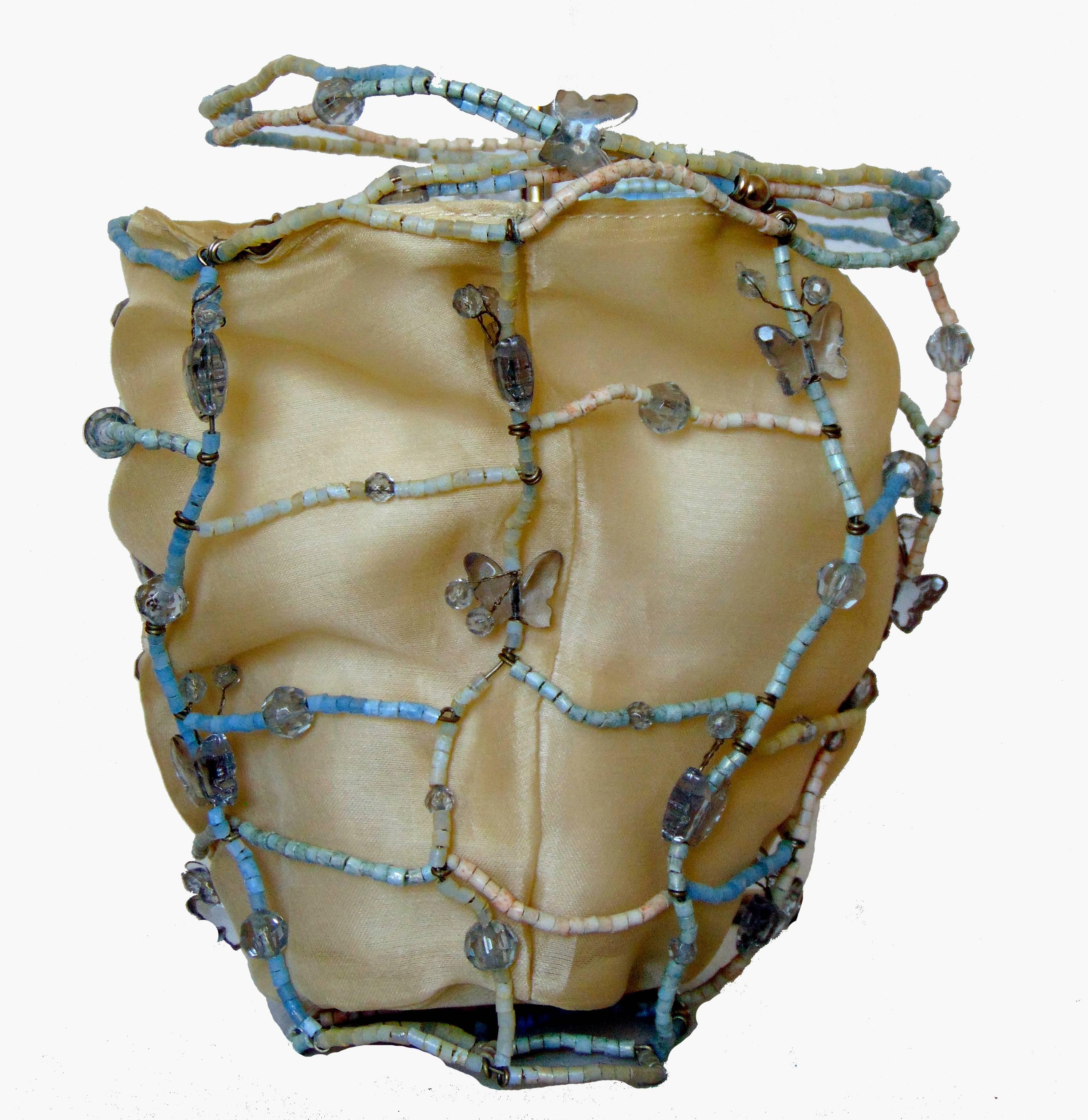 Beige Rare Bottega Veneta Silk Evening Bag with Beaded Wire Frame + Butterflies