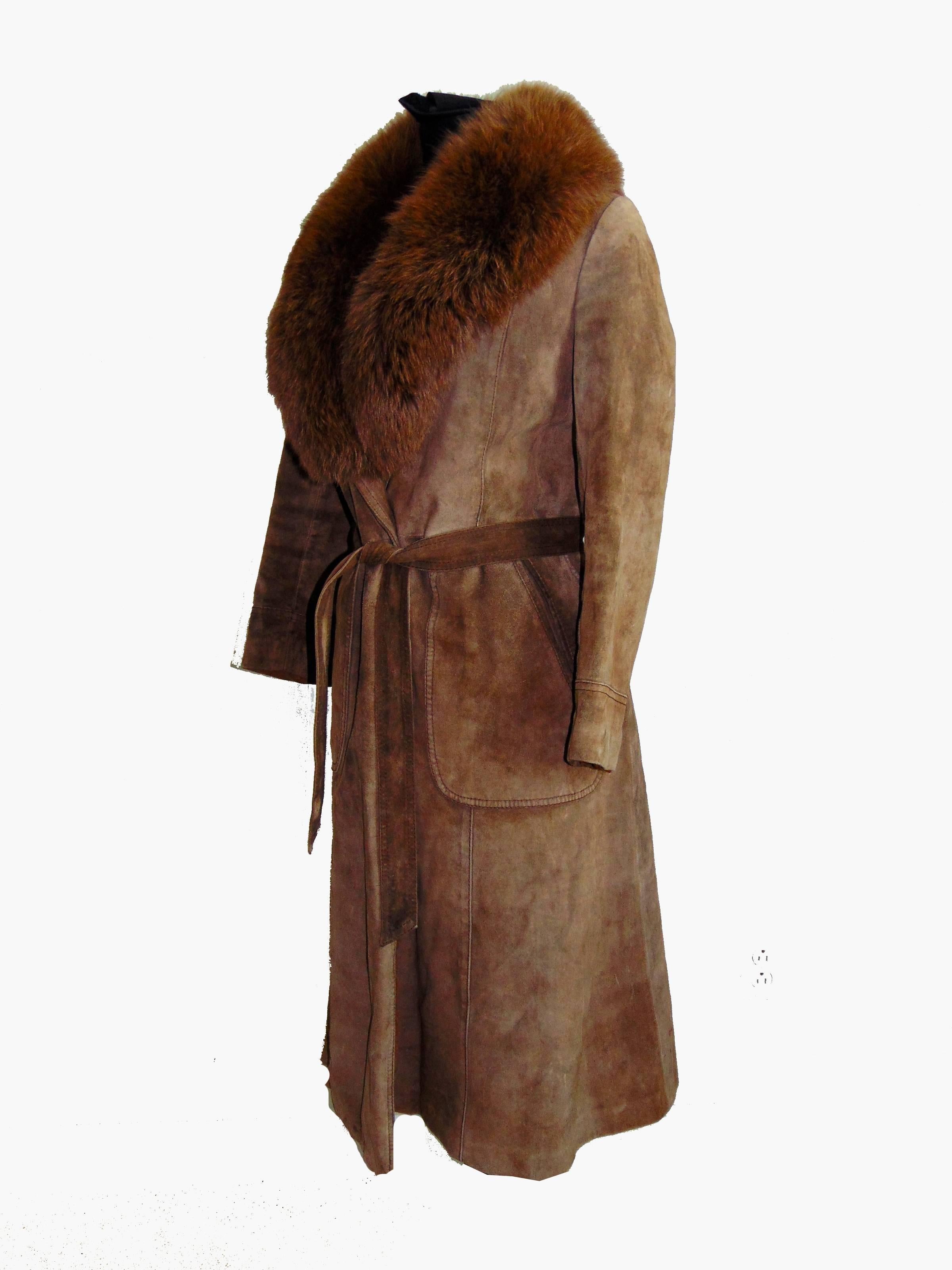 Brown Foxy Suede Leather Coat with Huge Fur Collar by Rafael Italy 1970s Sz 8