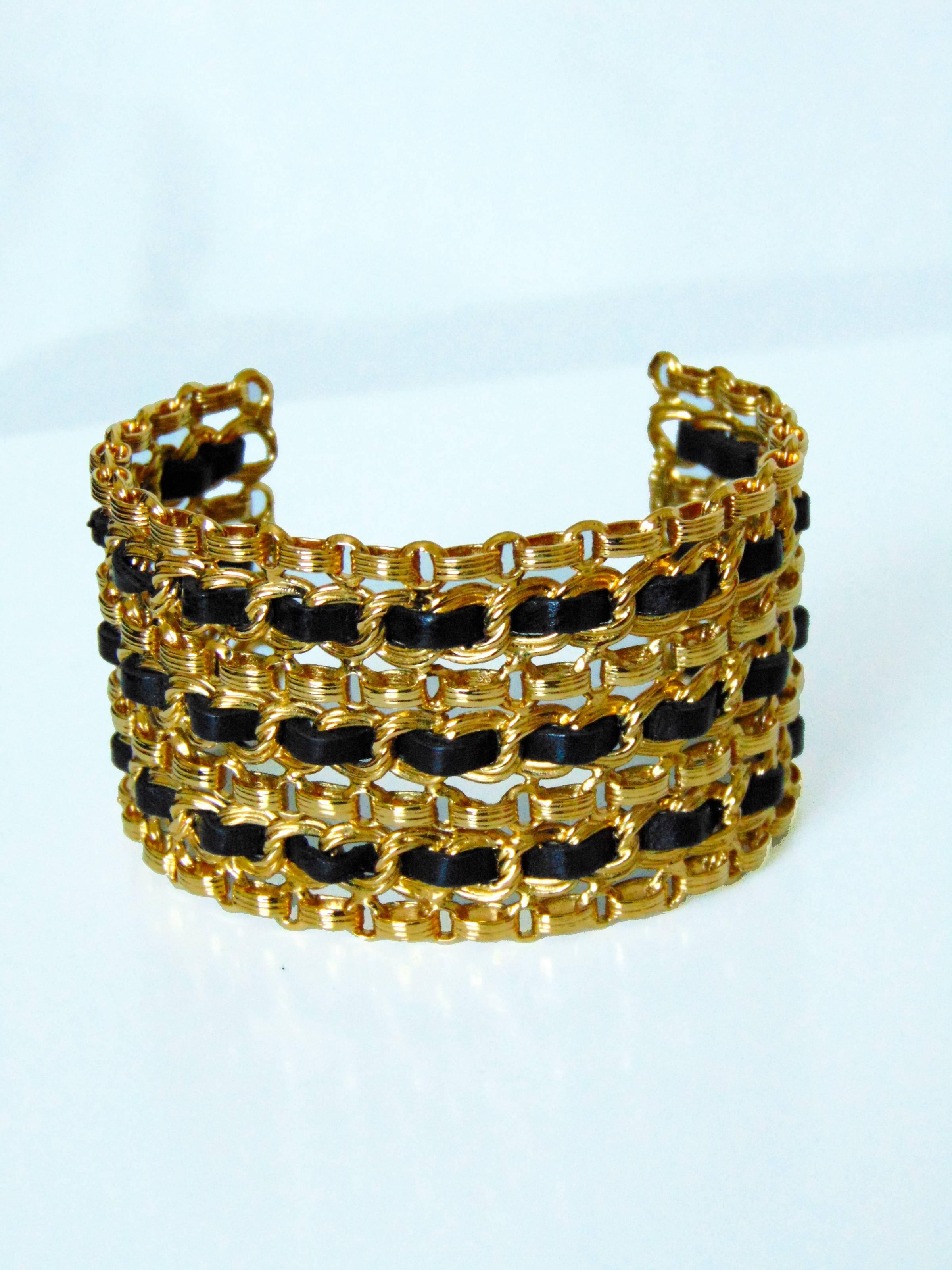 Contemporary Chanel Gold Chain and Black Leather Vintage Wide Cuff Bracelet, 1980s 