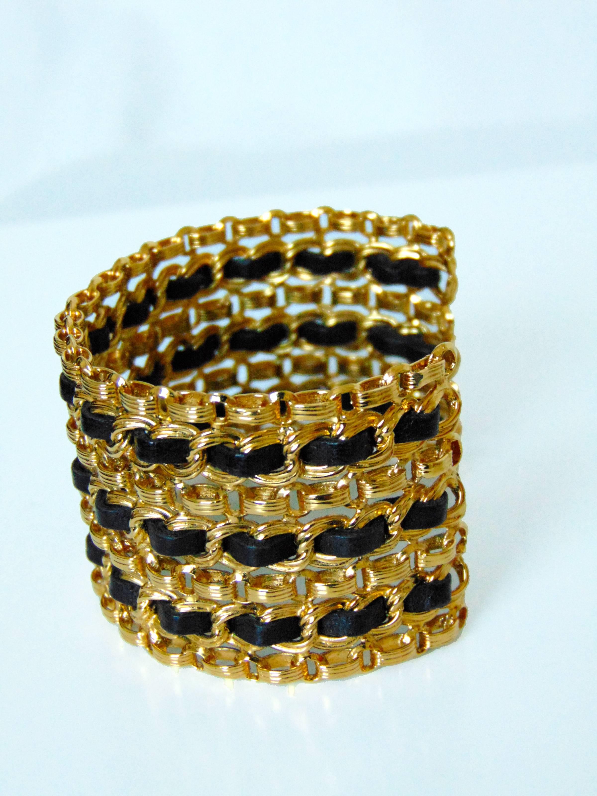 Chanel Gold Chain and Black Leather Vintage Wide Cuff Bracelet, 1980s  1