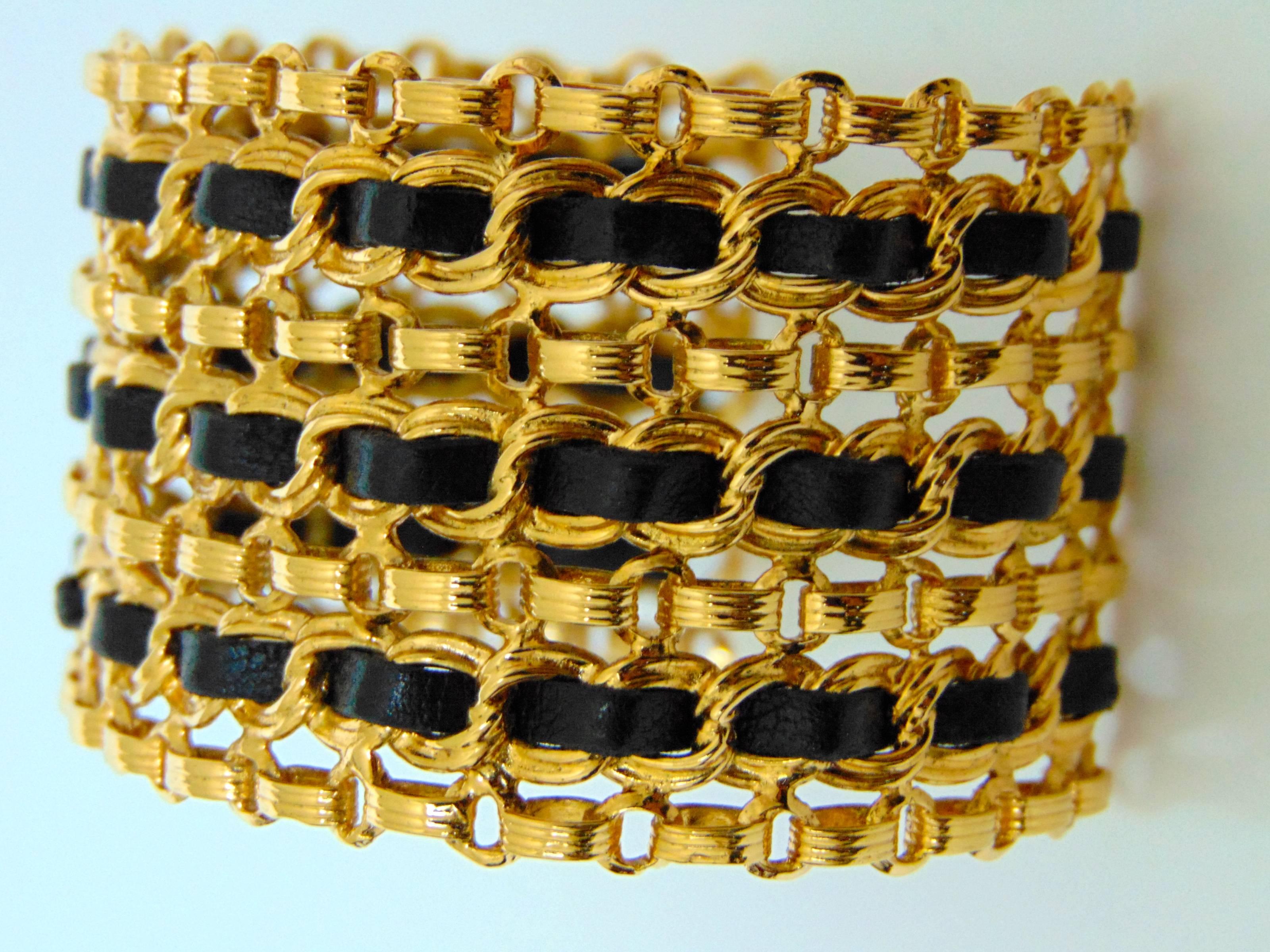Chanel Gold Chain and Black Leather Vintage Wide Cuff Bracelet, 1980s  2