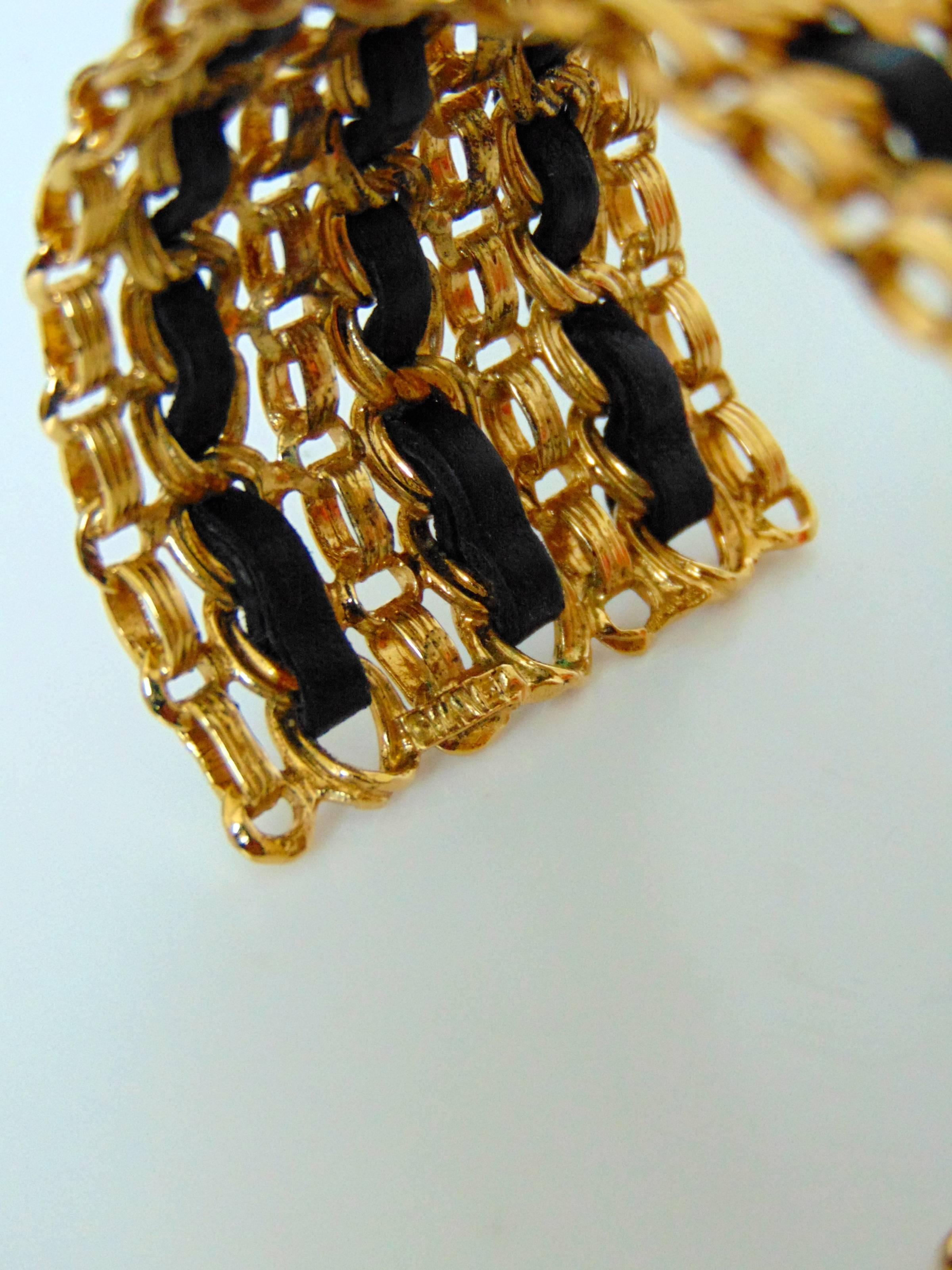 Chanel Gold Chain and Black Leather Vintage Wide Cuff Bracelet, 1980s  4