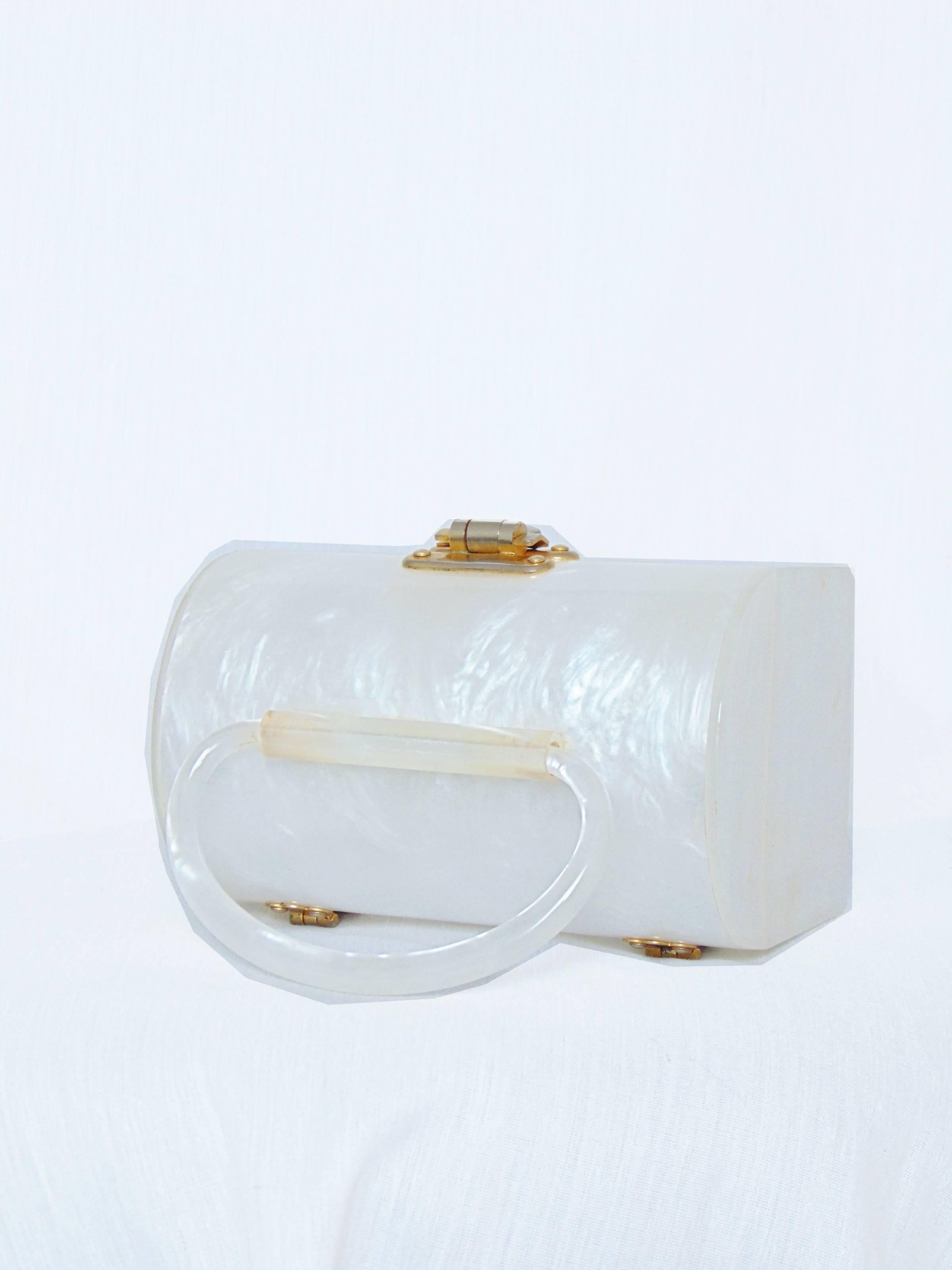 Women's Vintage 1960s White Lucite Top Handle Purse Bag Trinket Box 