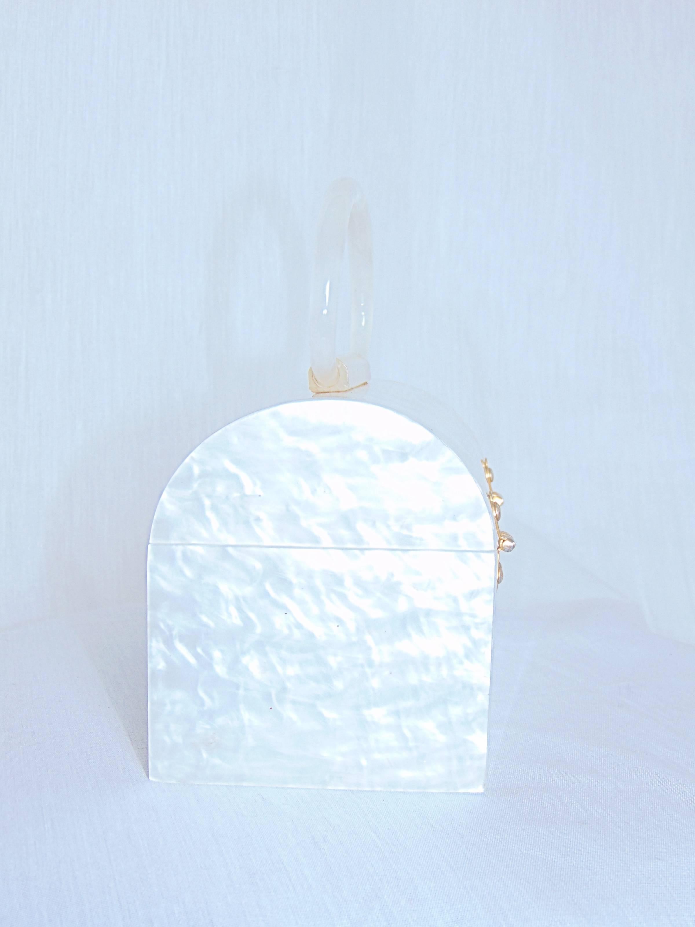 Vintage 1960s White Lucite Top Handle Purse Bag Trinket Box  2