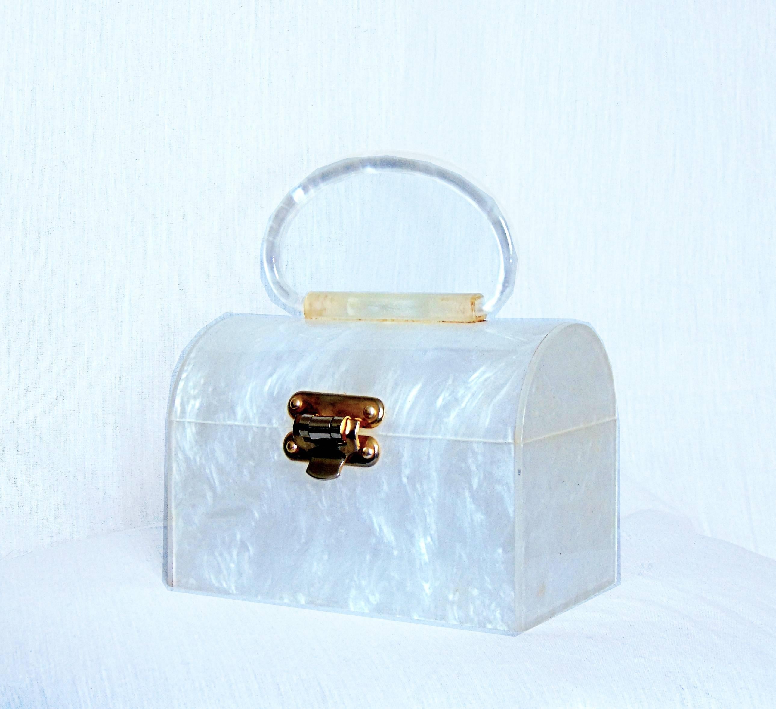 Gray Vintage 1960s White Lucite Top Handle Purse Bag Trinket Box 