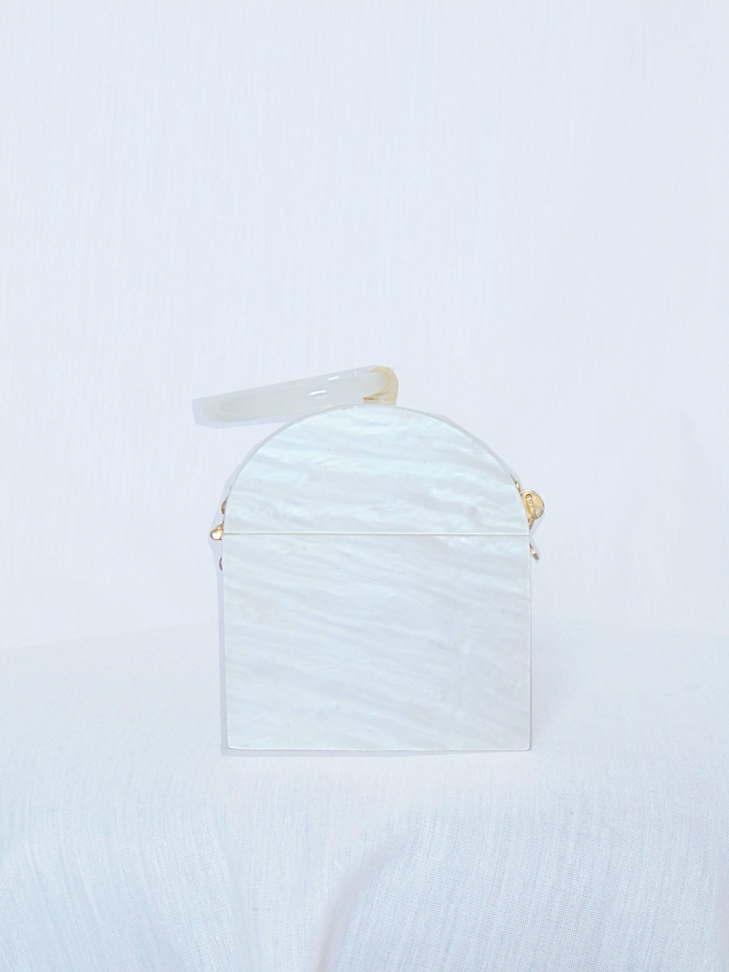 Vintage 1960s White Lucite Top Handle Purse Bag Trinket Box  1