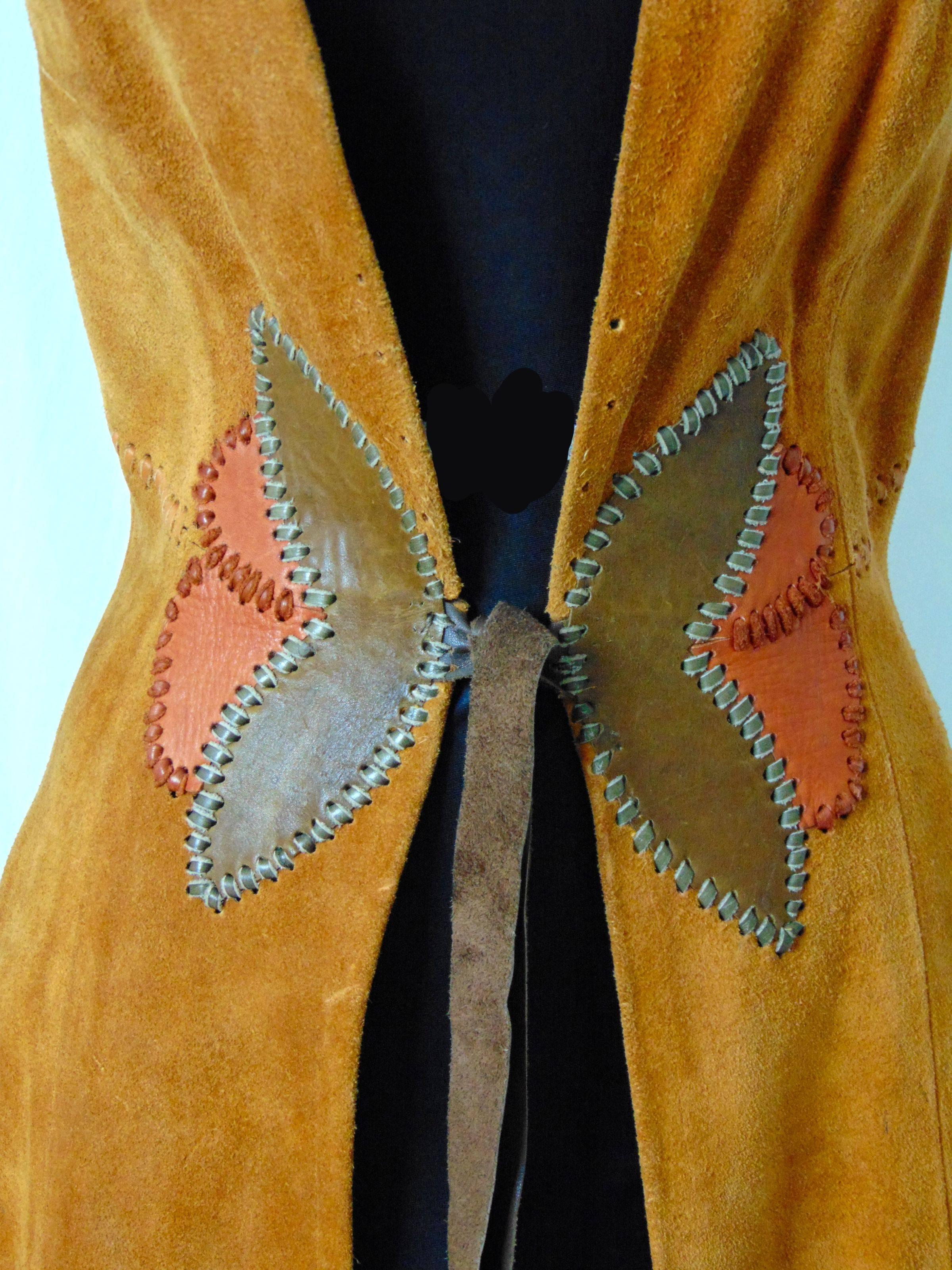 Women's Char Vintage Long Suede Festival Dress or Vest with Floral Leather Inserts 70s S
