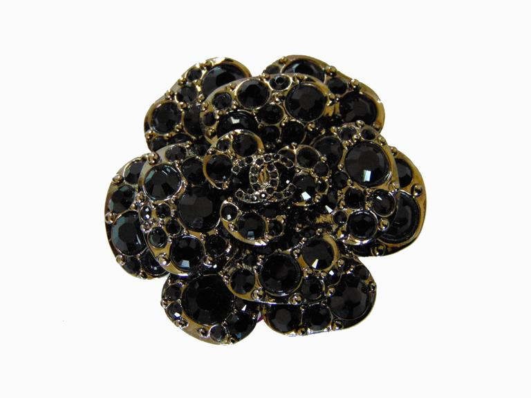 Unusual Chanel Camellia Brooch Pin with Black Crystals 12A