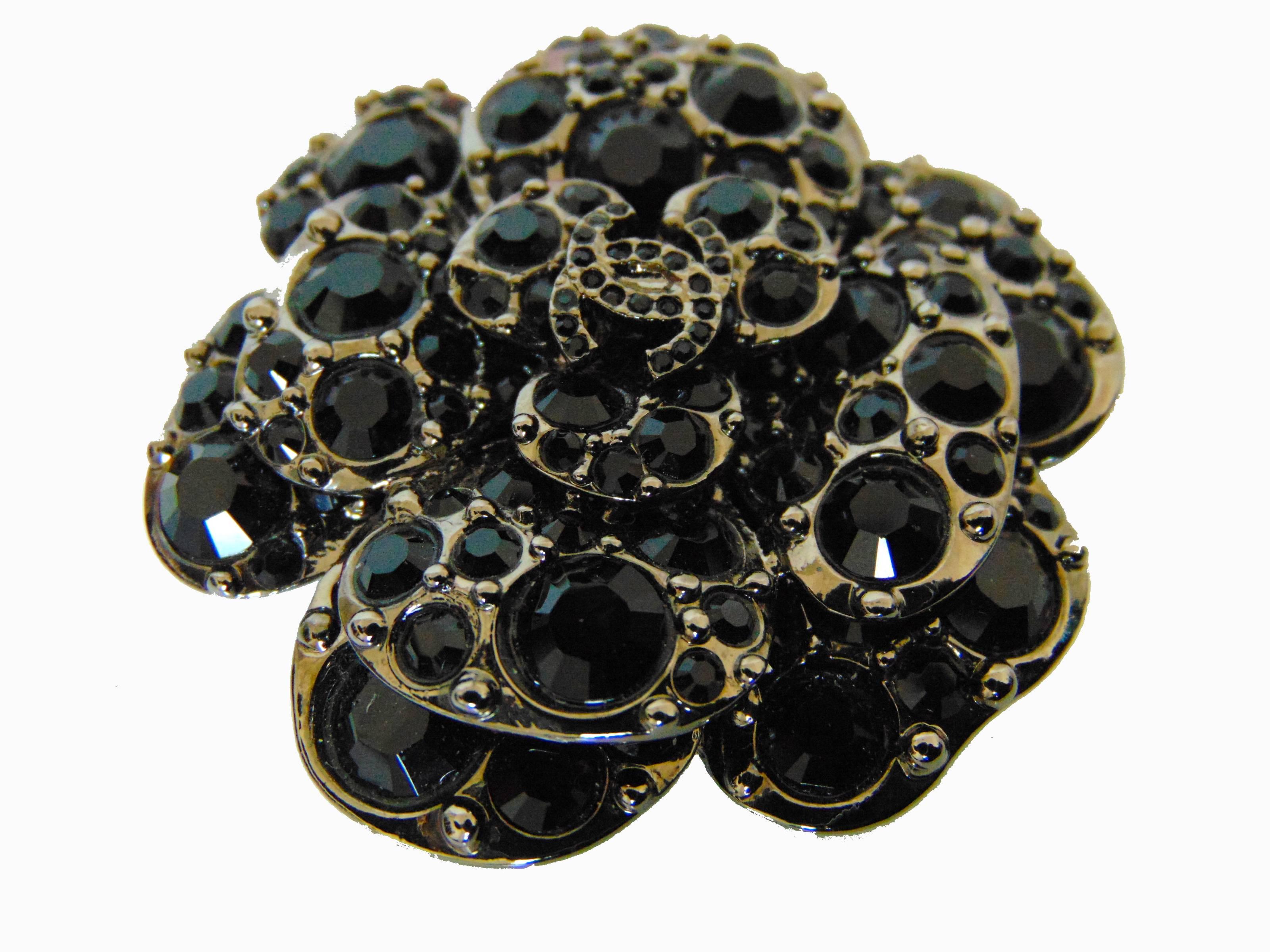 Contemporary Unusual Chanel Camellia Brooch Pin with Black Crystals 12A Collection 