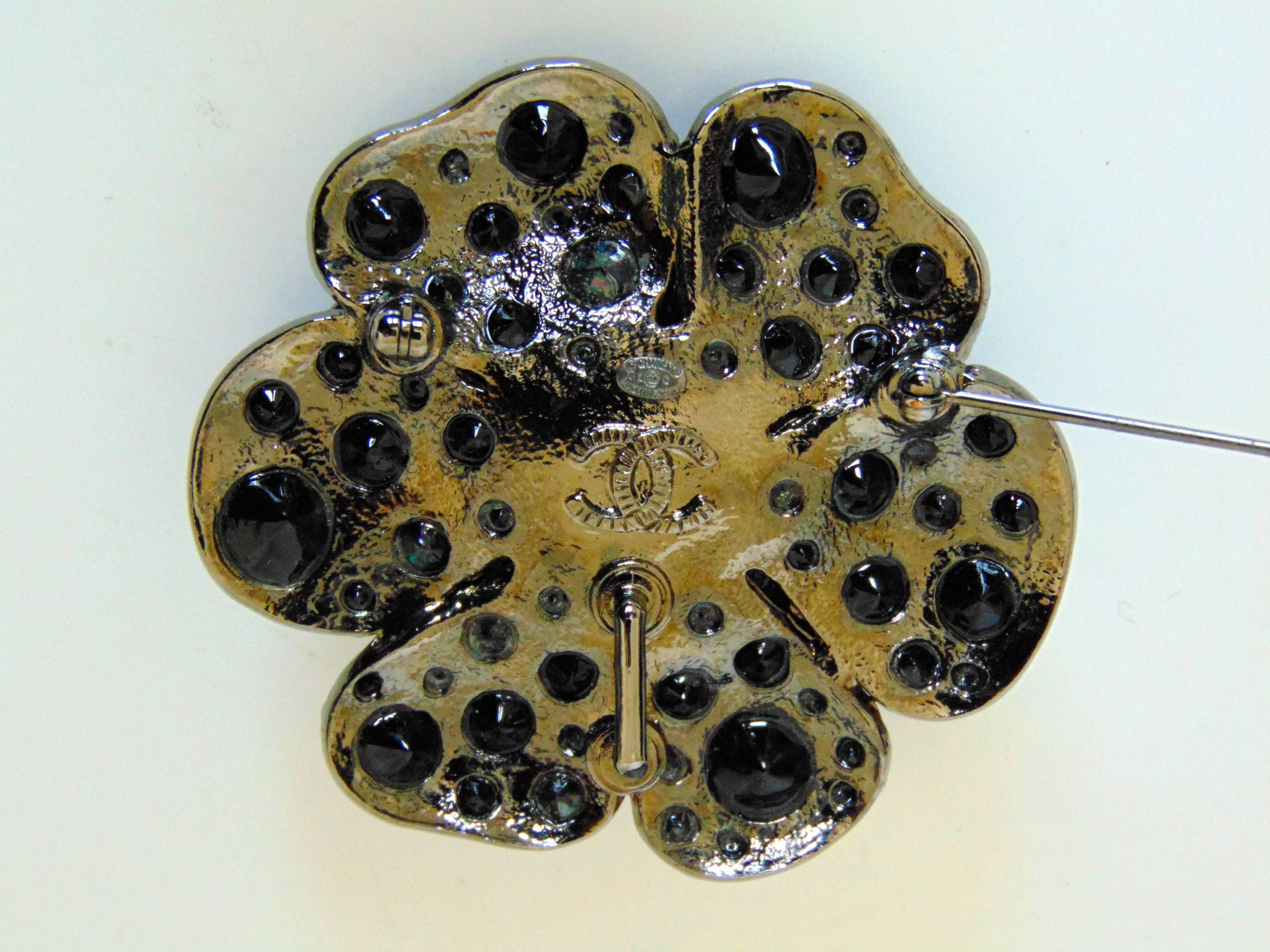 Unusual Chanel Camellia Brooch Pin with Black Crystals 12A Collection  1