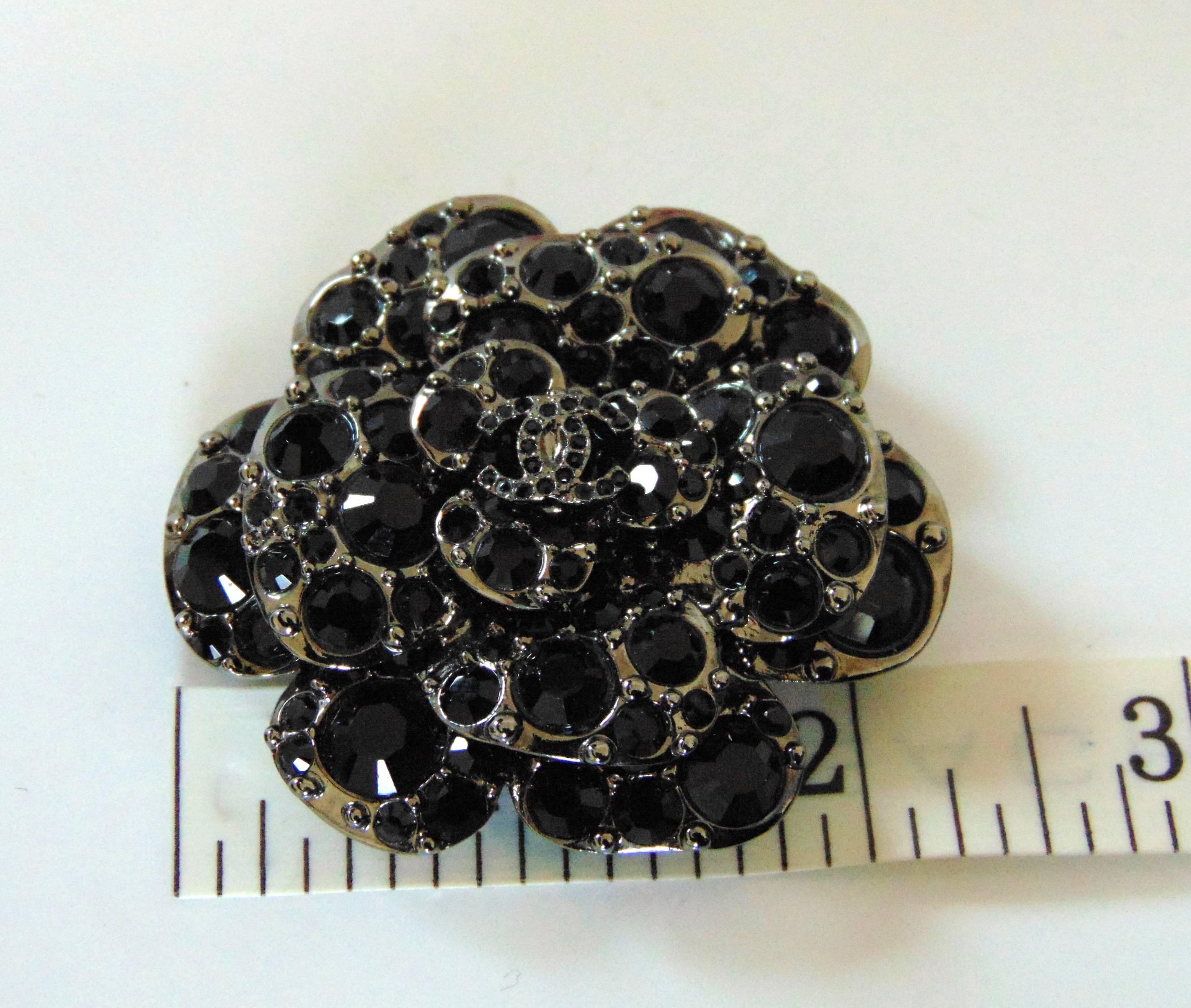 Women's Unusual Chanel Camellia Brooch Pin with Black Crystals 12A Collection 