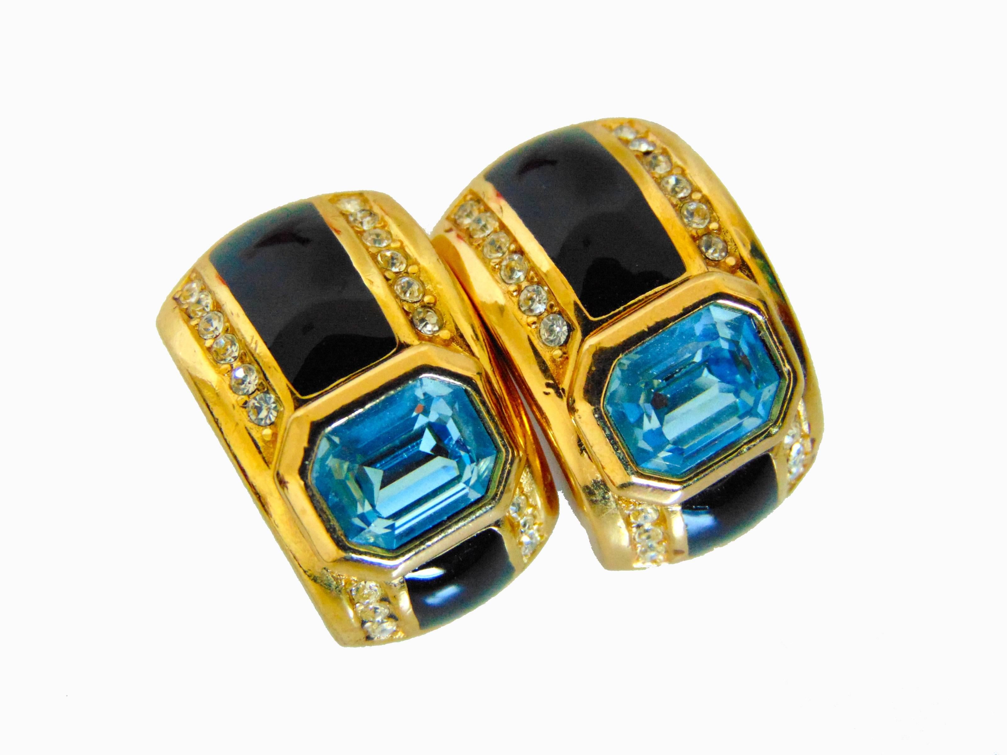 Women's or Men's Christian Dior Art Deco Earrings with Faux Sapphire Topaz Crystals 1980s