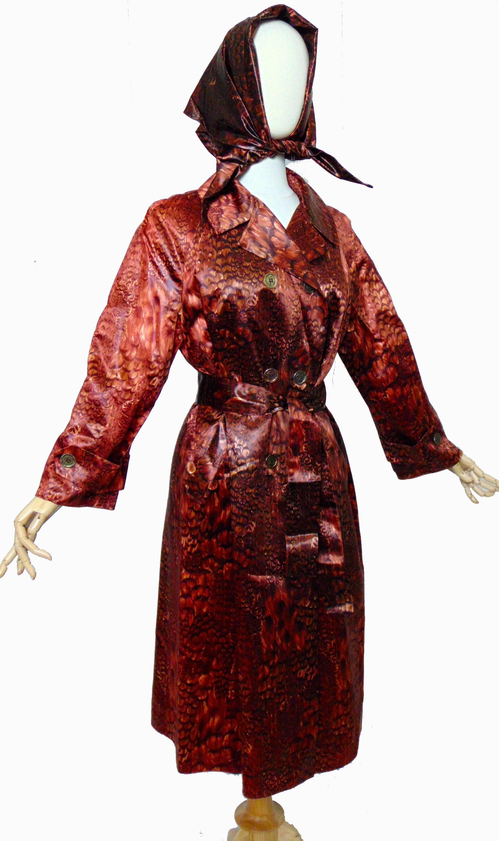 Women's 1960s Rain Coat + Scarf + Belt Ensemble 3pc Main Street Feather Motif Deadstock 