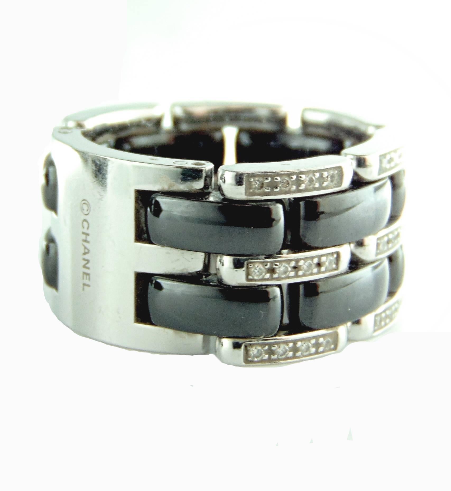 Women's Exquisite Chanel Ultra Ring Large in Black Ceramic 18K White Gold + Diamonds 7
