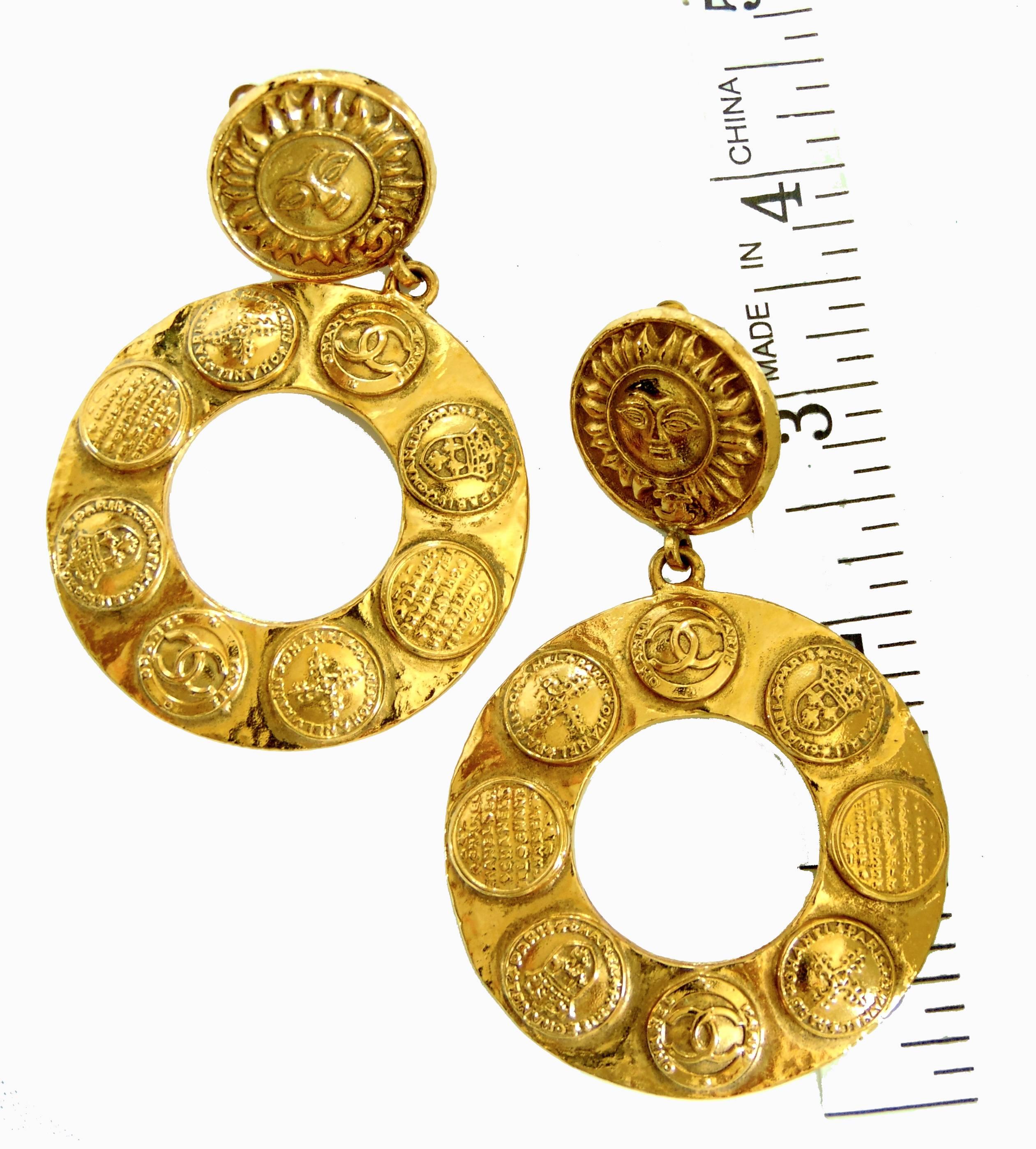 Chanel Large Gold Hoop Earrings 3.5in Sun Motif CC Medallions Season 28 + Box 90 1