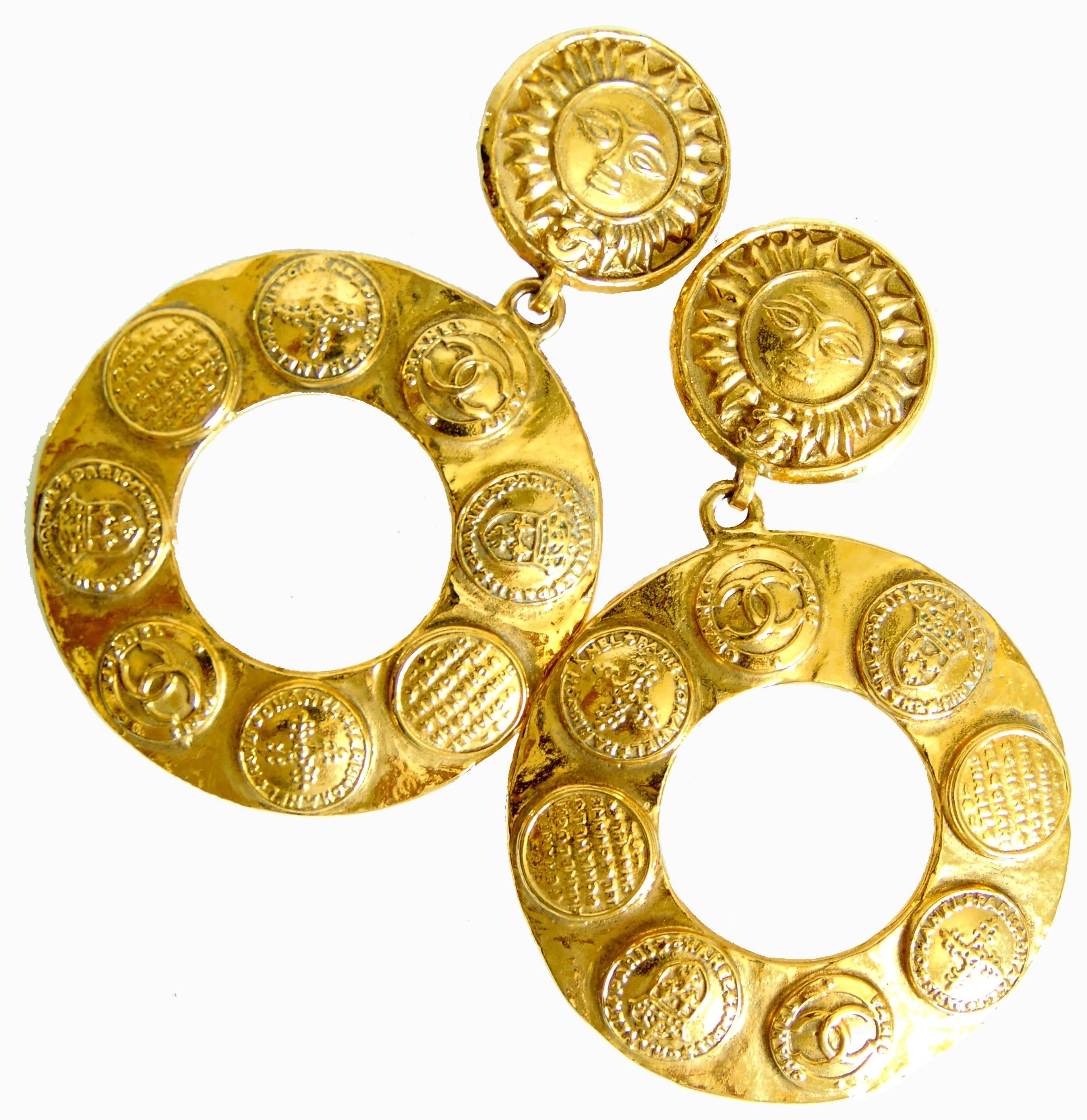 Women's Chanel Large Gold Hoop Earrings 3.5in Sun Motif CC Medallions Season 28 + Box 90