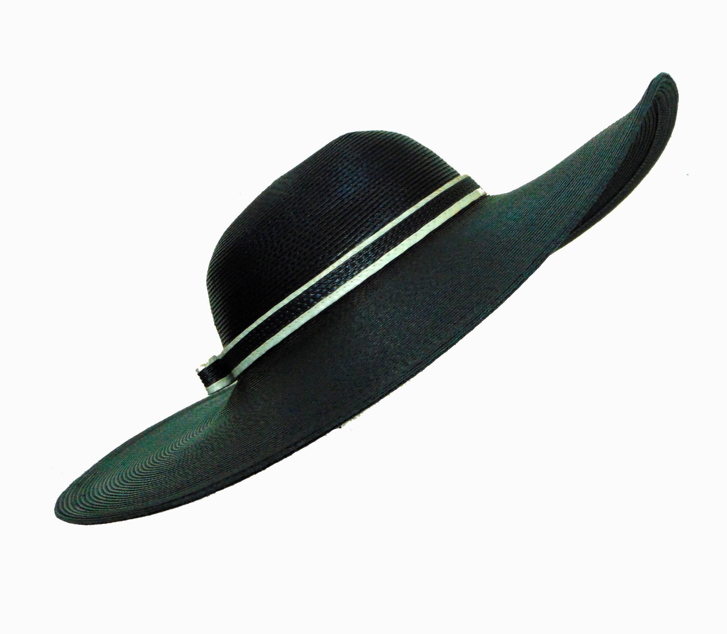 Vintage Black Floppy Straw Hat with Wide Brim + Contrast Ribbon Sylvia New York 1