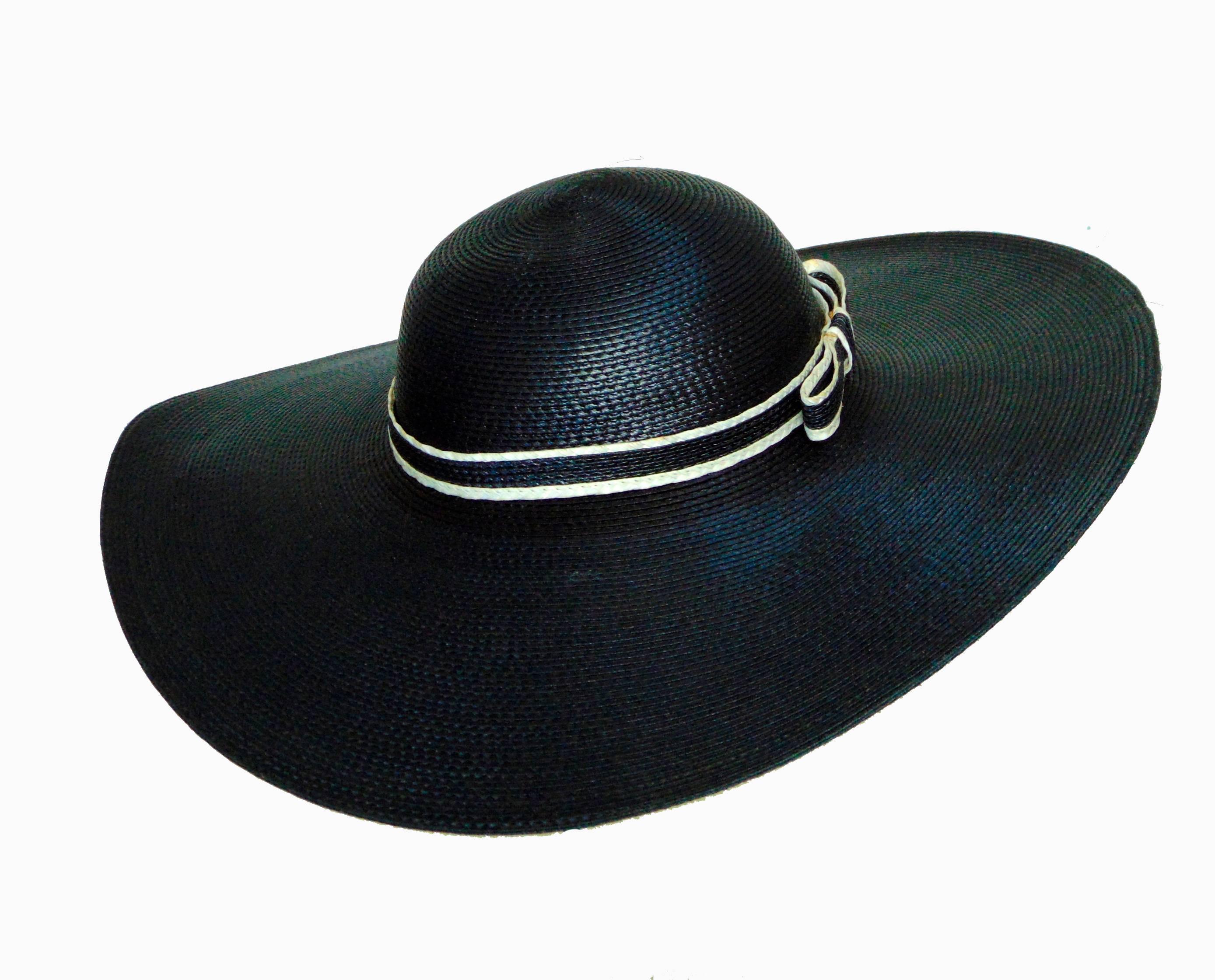 Vintage Black Floppy Straw Hat with Wide Brim + Contrast Ribbon Sylvia New York 2
