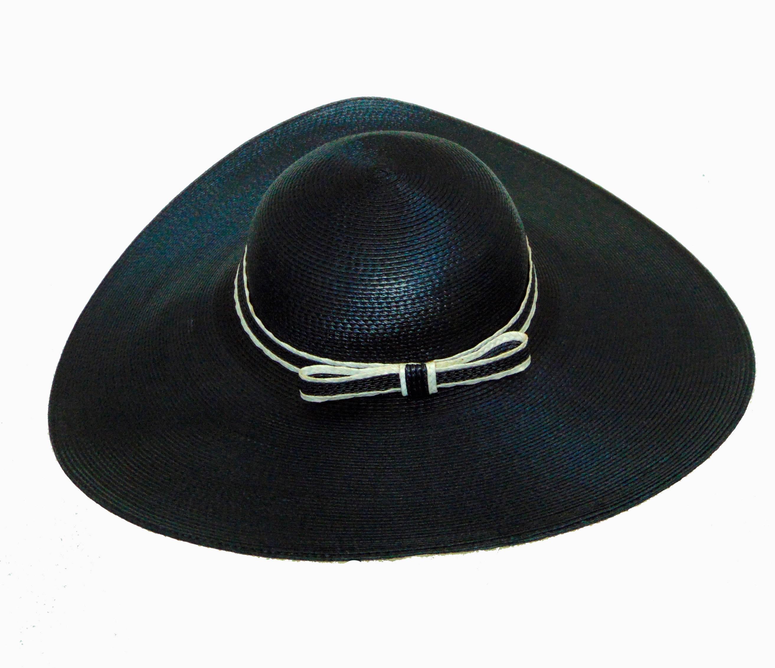 Vintage Black Floppy Straw Hat with Wide Brim + Contrast Ribbon Sylvia New York 3