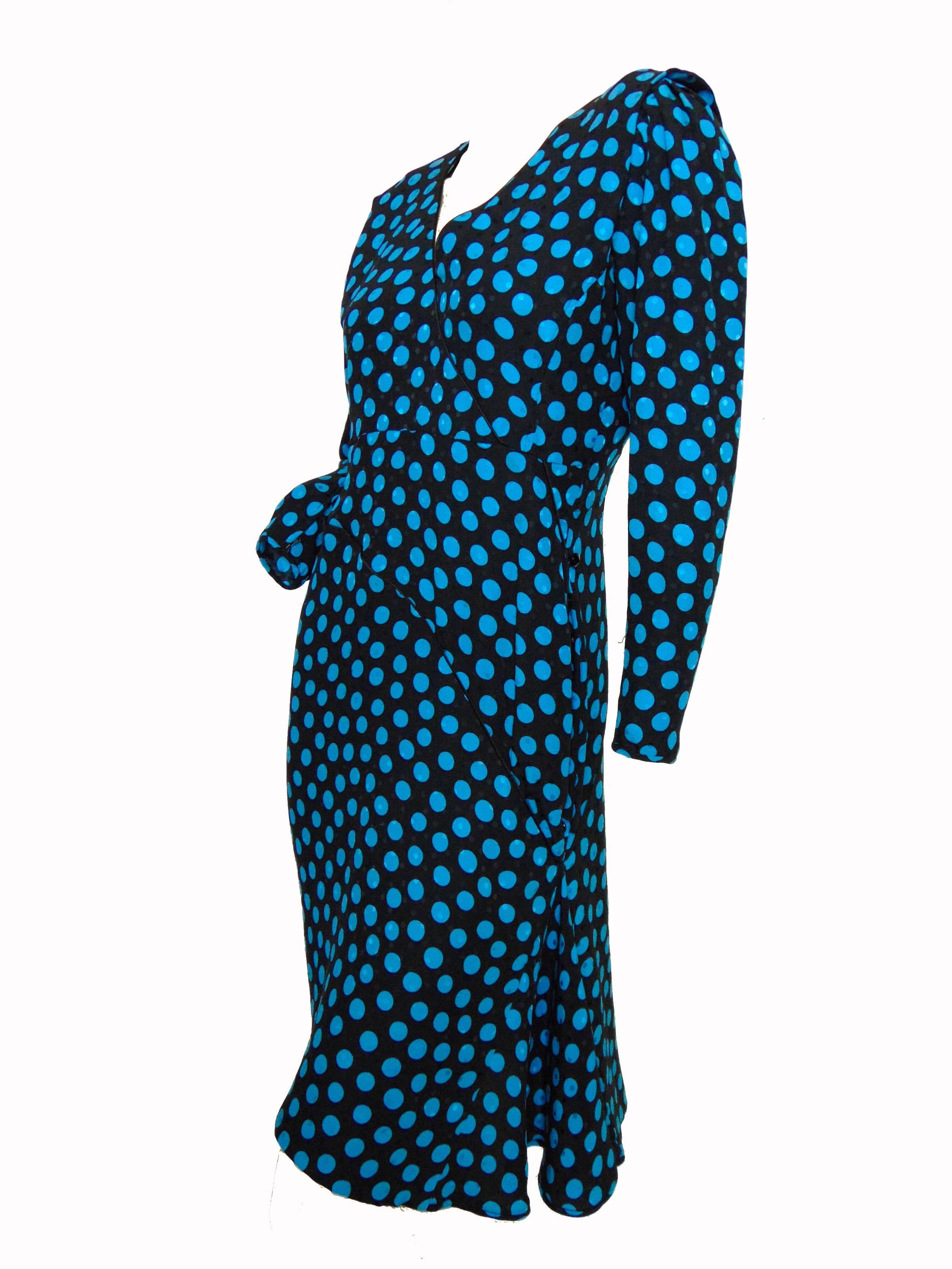 Blue Emanuel Ungaro Parallele Silk Dress with Polka Dots 1980s Size S