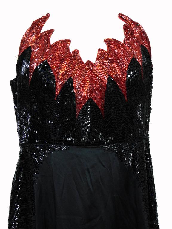 Amen Wardy Black Silk Evening Gown with Beaded Black and Red Flame ...