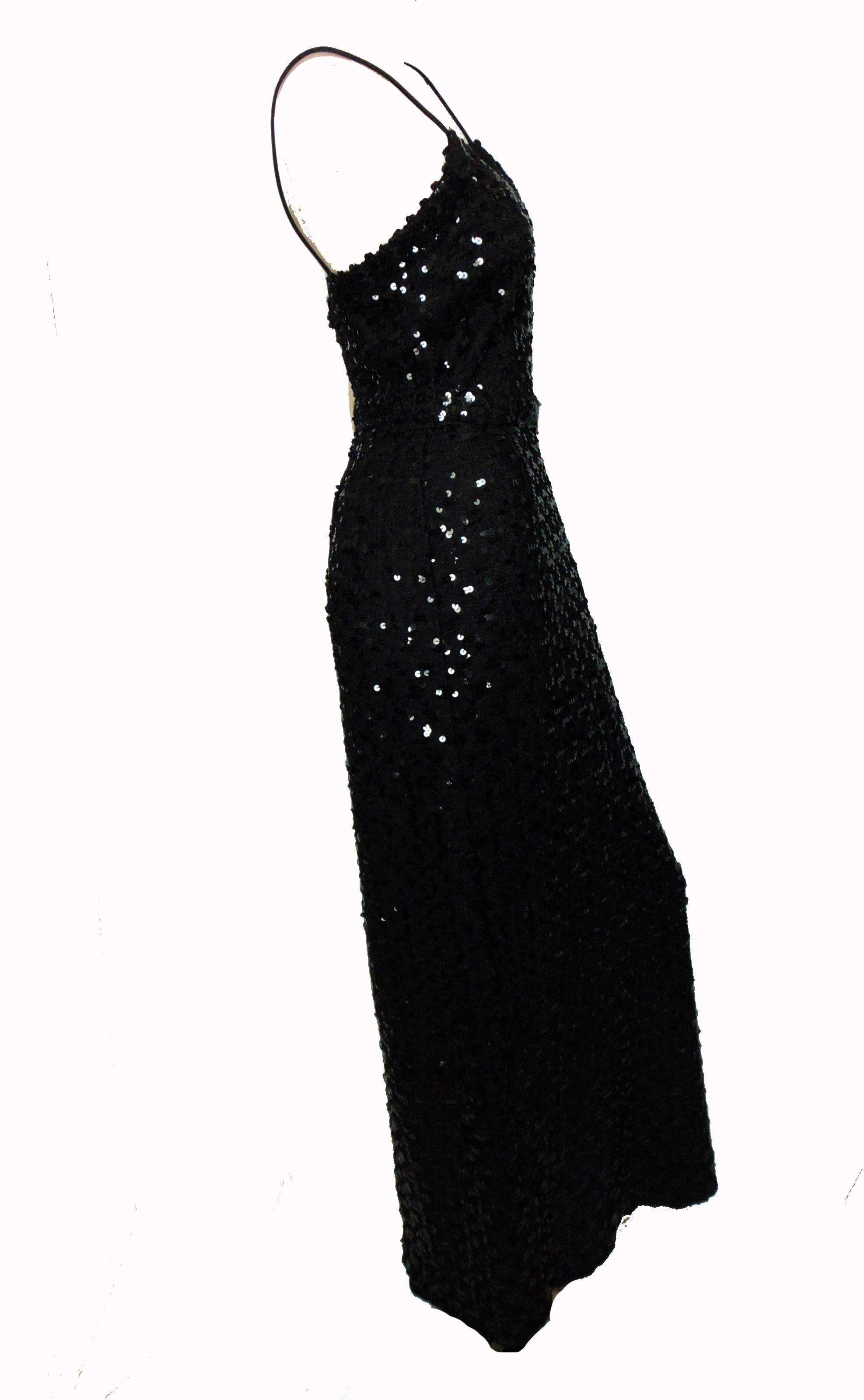 Women's Vintage Lilli Diamond California Black Sequins Evening Gown with Belt 70s Size 