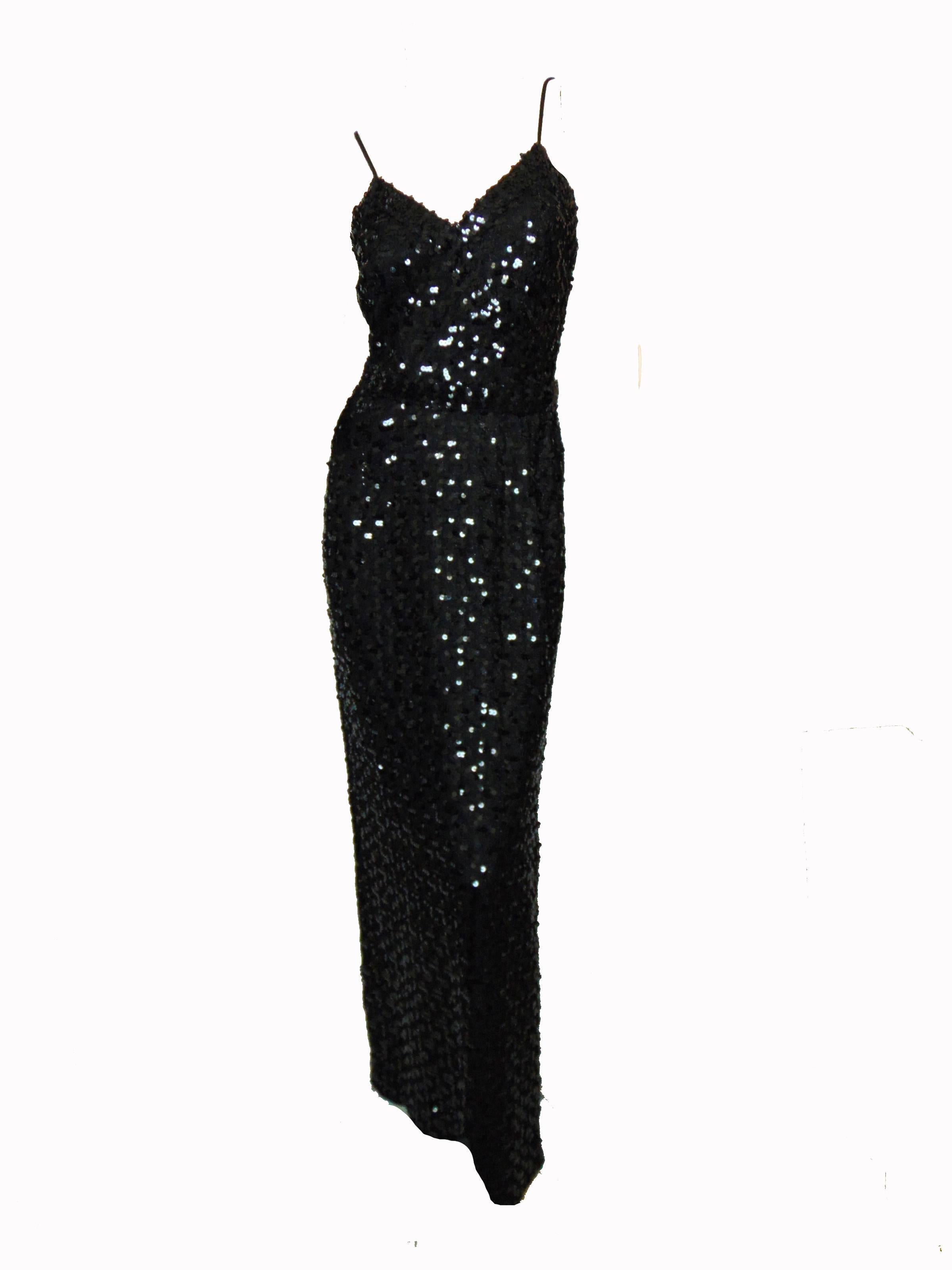 Vintage Lilli Diamond California Black Sequins Evening Gown with Belt 70s Size  1