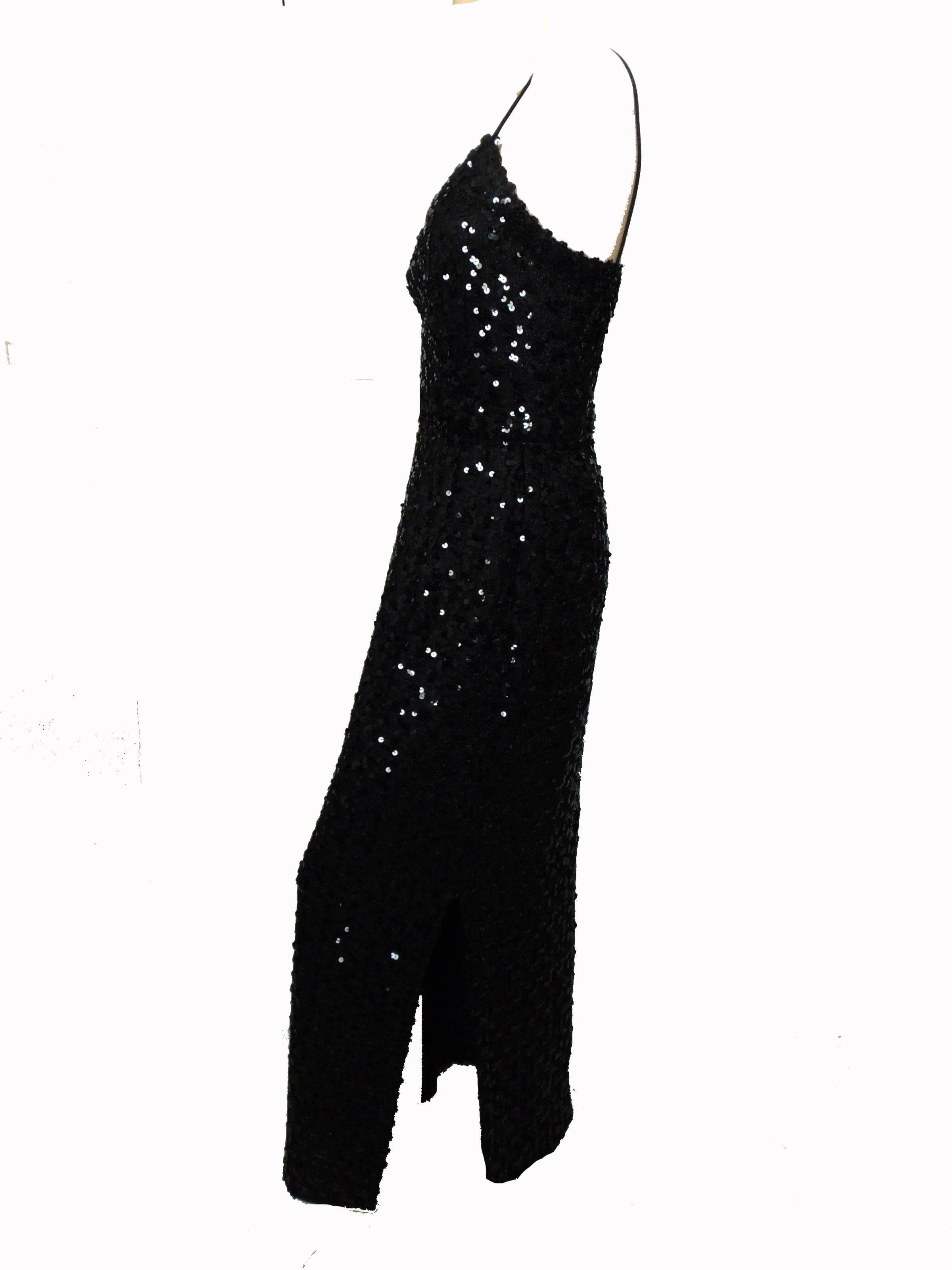 Vintage Lilli Diamond California Black Sequins Evening Gown with Belt 70s Size  2