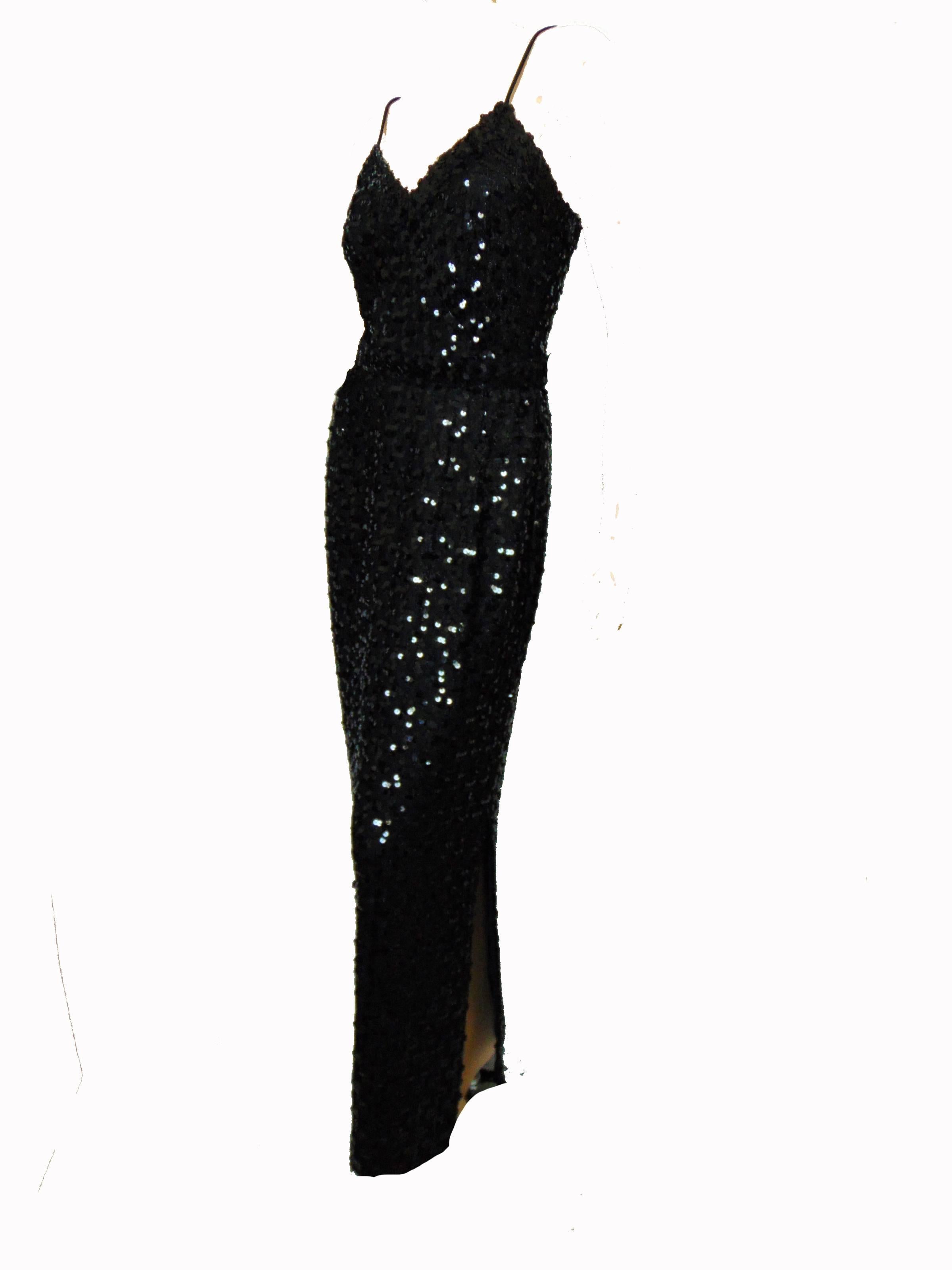 Vintage Lilli Diamond California Black Sequins Evening Gown with Belt 70s Size  3