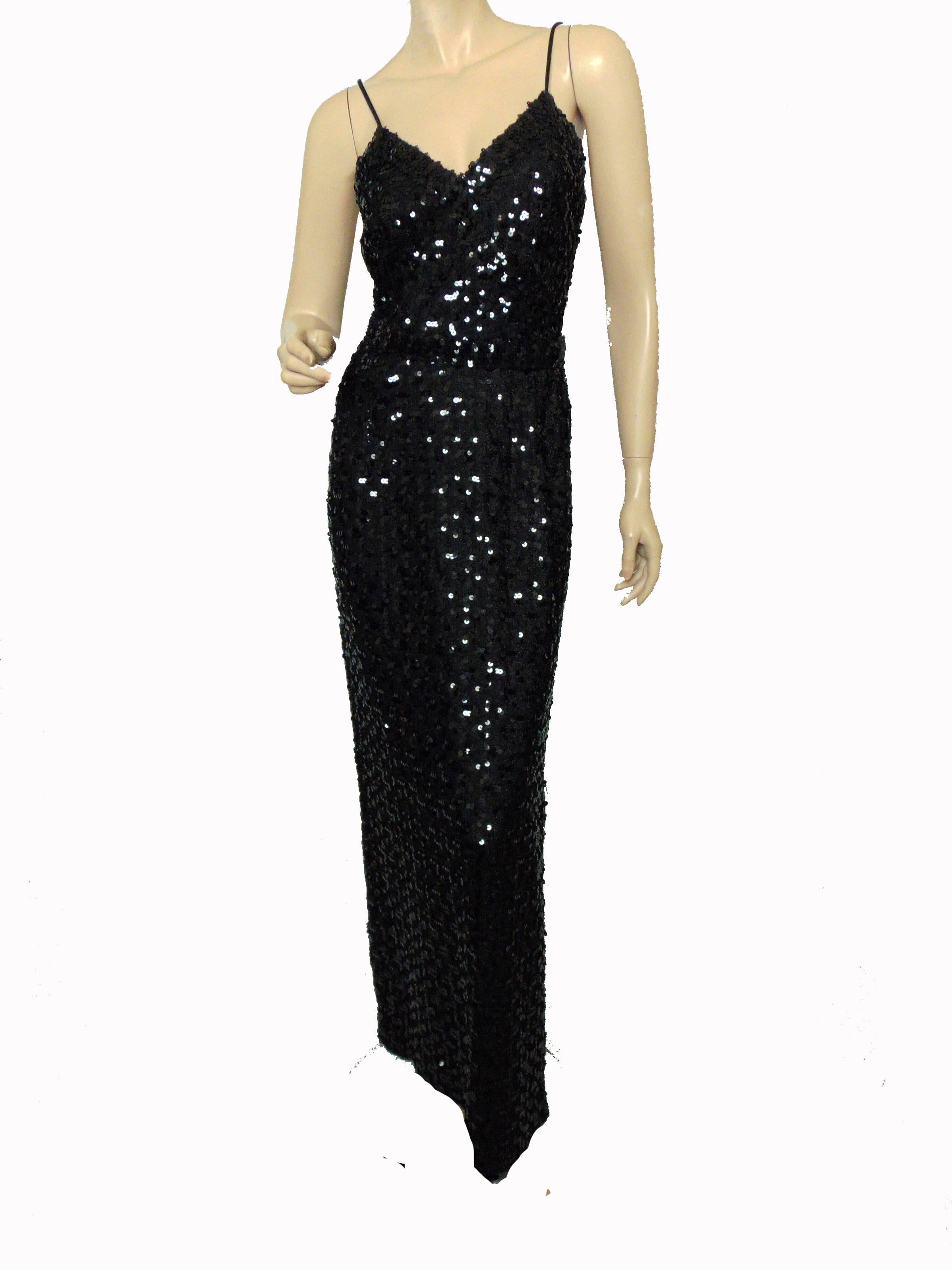 Vintage Lilli Diamond California Black Sequins Evening Gown with Belt 70s Size  4