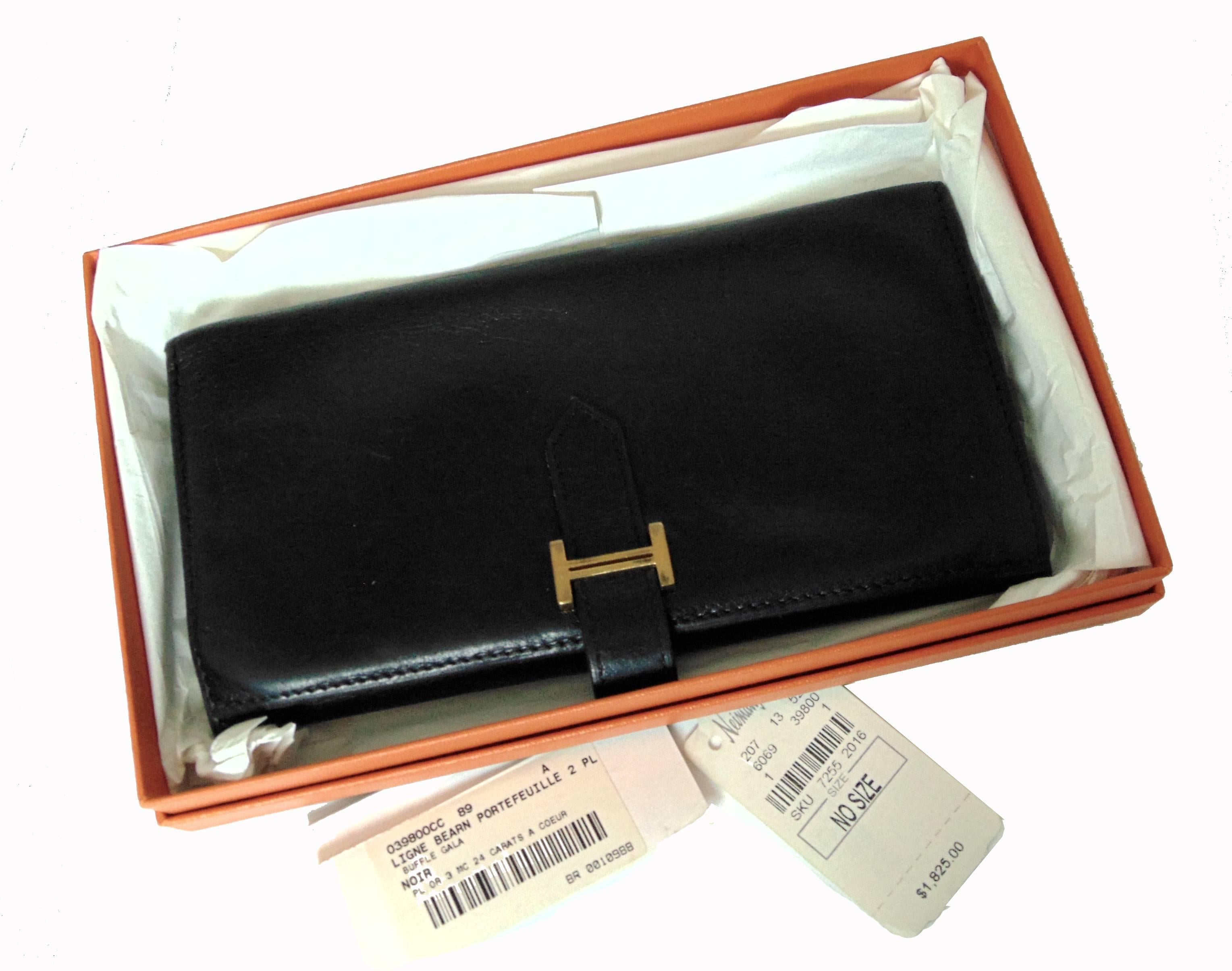 Hermes Black Buffle Gala Leather Wallet Trifold 2004 + Box  5