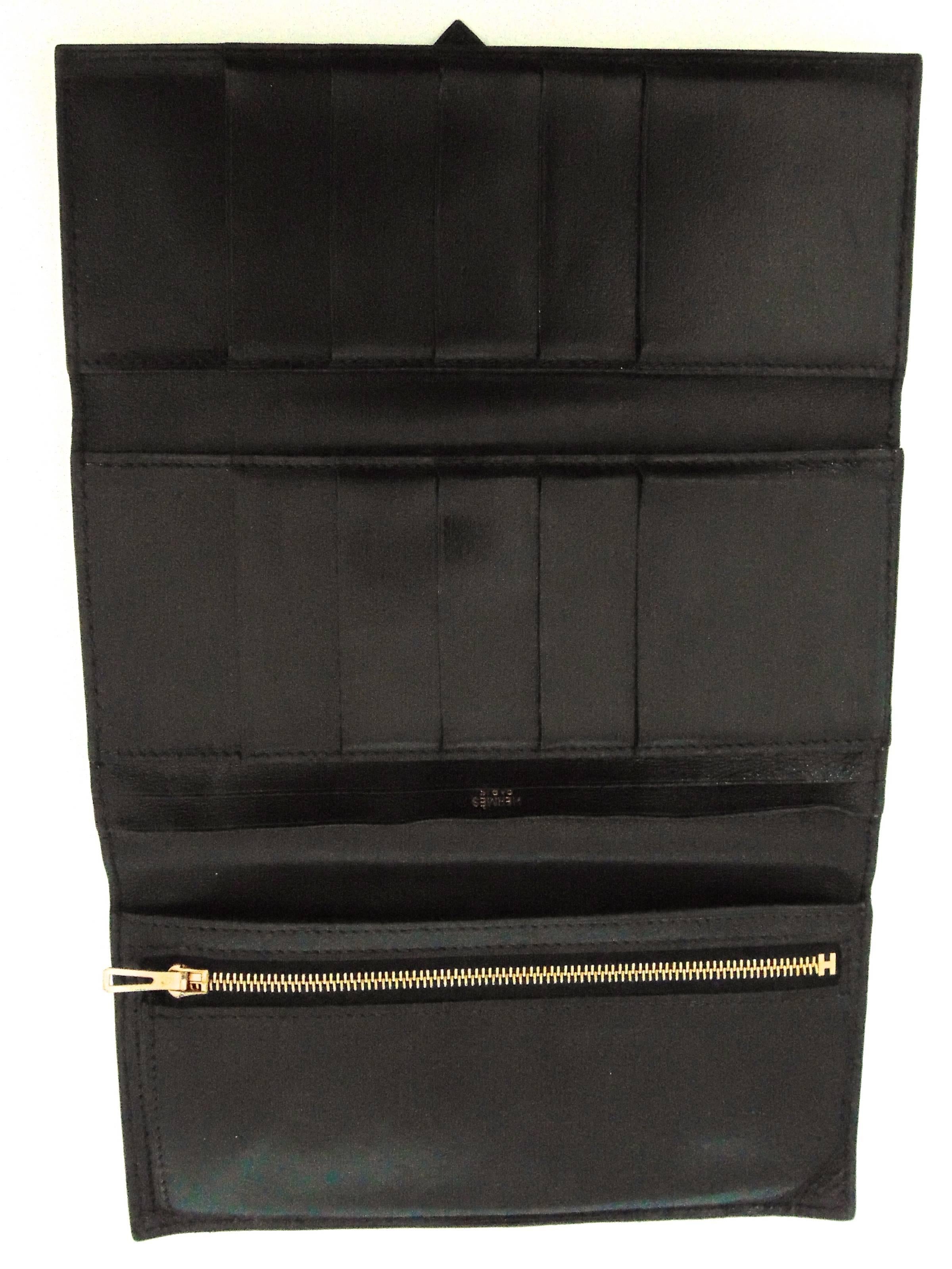 Women's Hermes Black Buffle Gala Leather Wallet Trifold 2004 + Box 