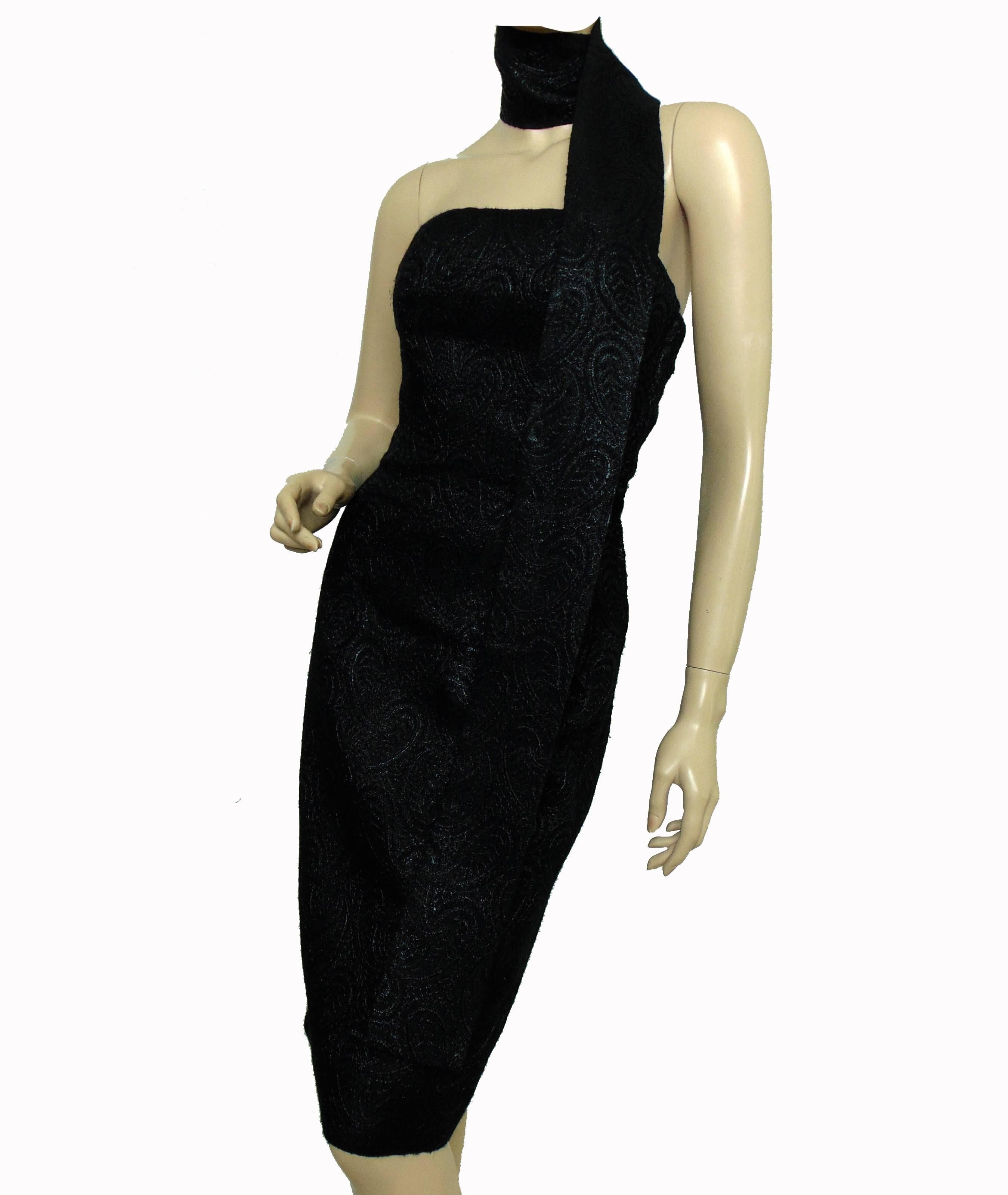 Givenchy Black Cocktail Dress with Wrap or Belt Paisley Lurex Silk, 1960s 3