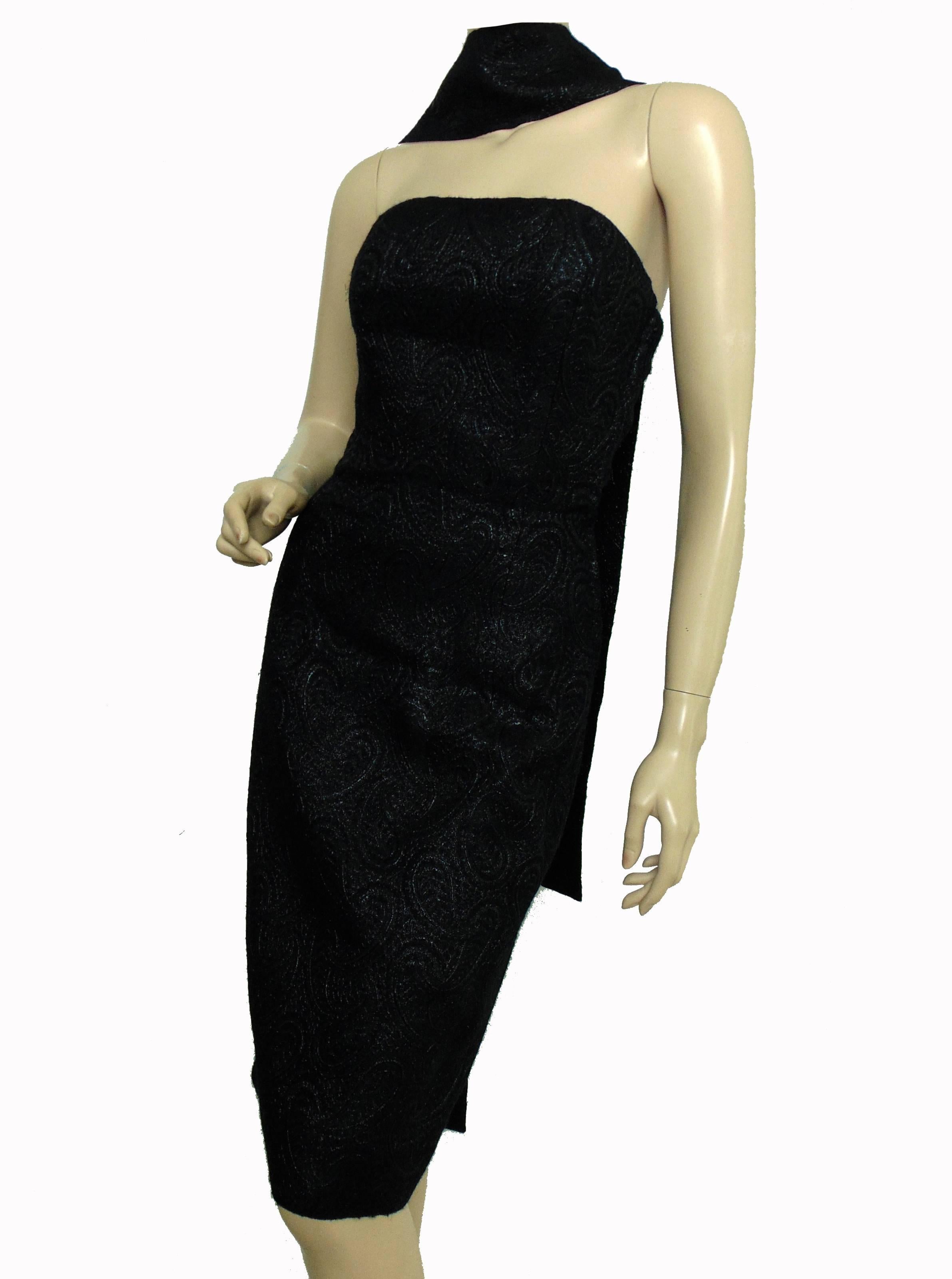 Givenchy Black Cocktail Dress with Wrap or Belt Paisley Lurex Silk, 1960s 4