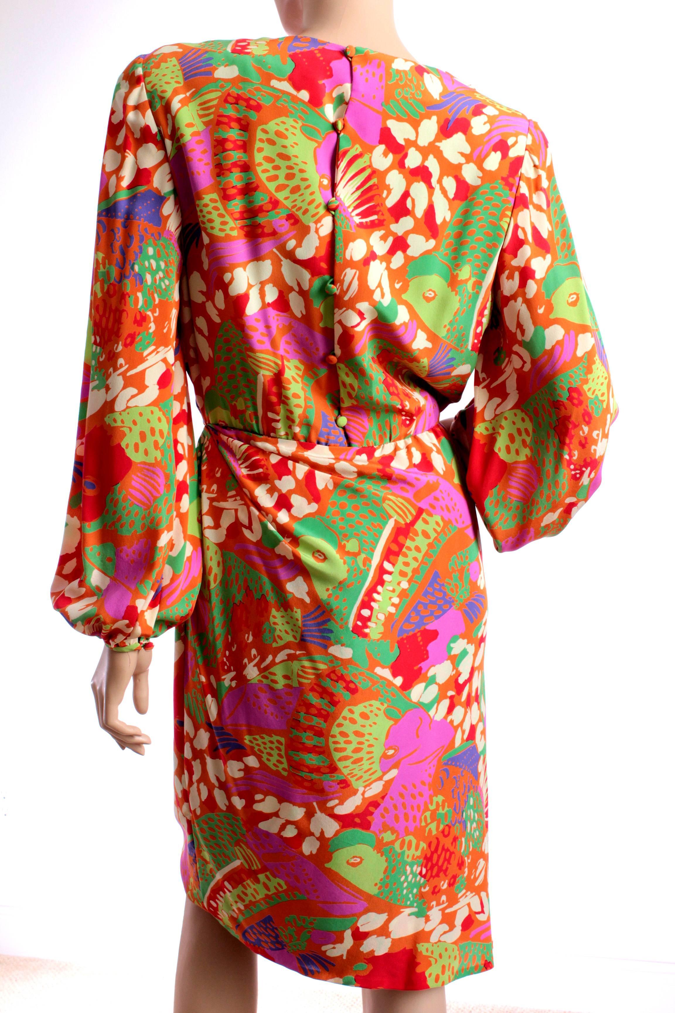 Women's Bill Blass Floral Silk Dress Bishop Sleeves Abstract Print 1980s Sz 10
