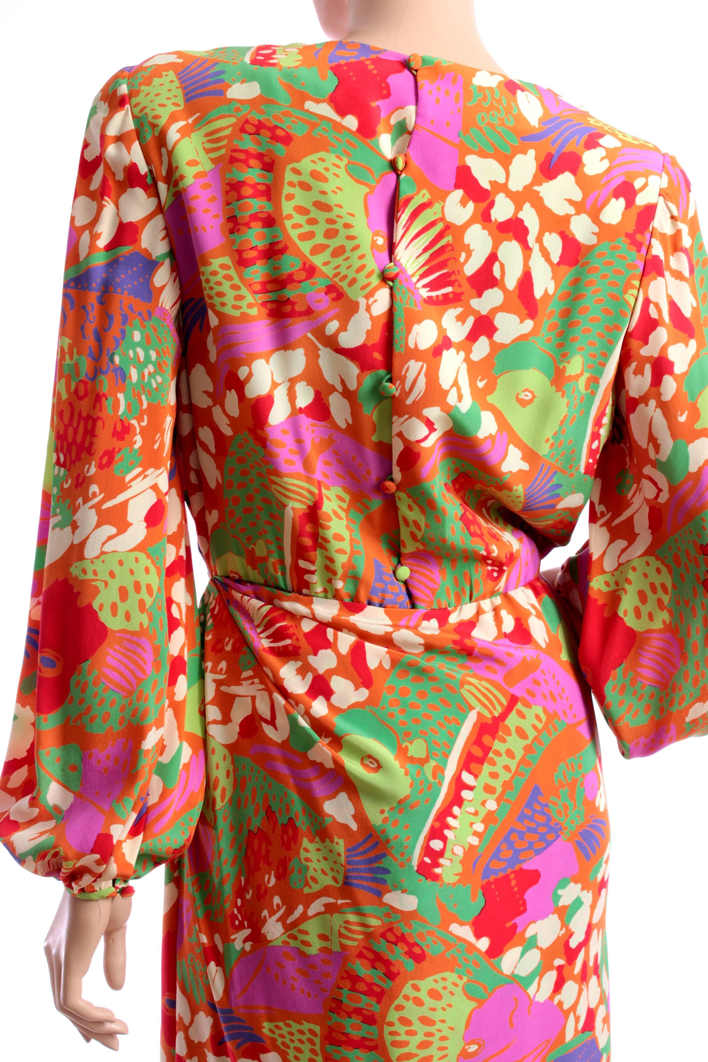 Bill Blass Floral Silk Dress Bishop Sleeves Abstract Print 1980s Sz 10 1