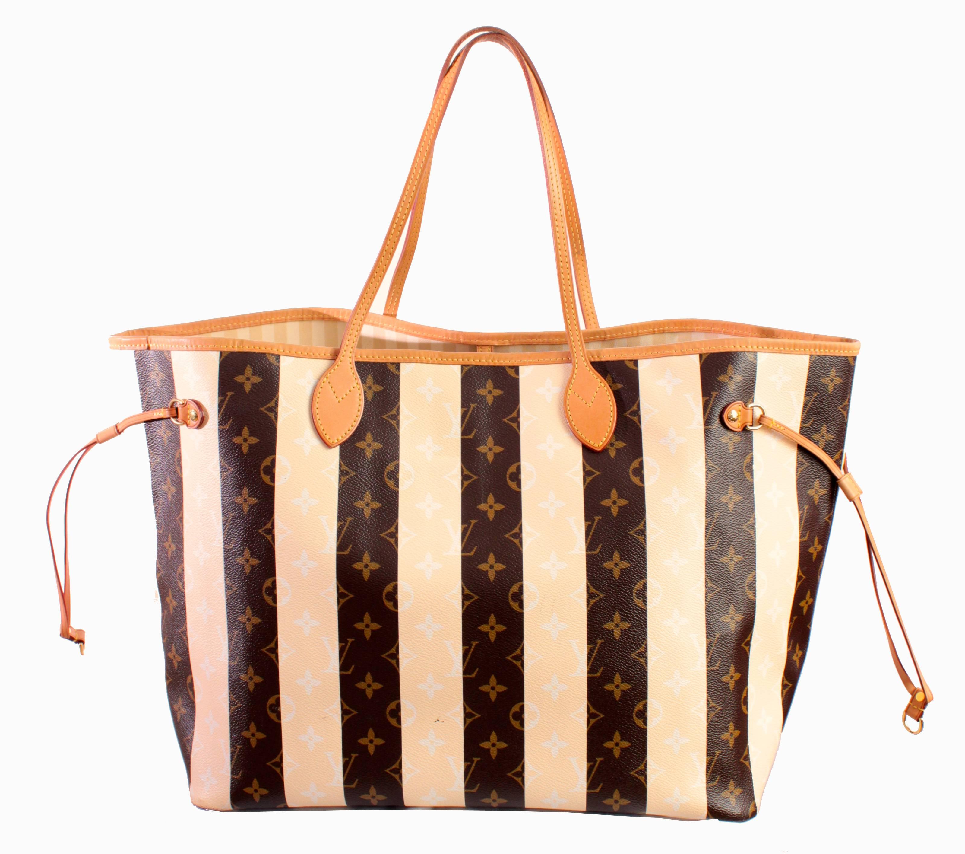 Travel in style with this fabulous Neverfull Tote Bag in Rayures canvas from Louis Vuitton! Part of a limited edition in 2011, this bag features cream colored stripes against Louis Vuitton's signature monogram canvas.  With its colorway perfect for