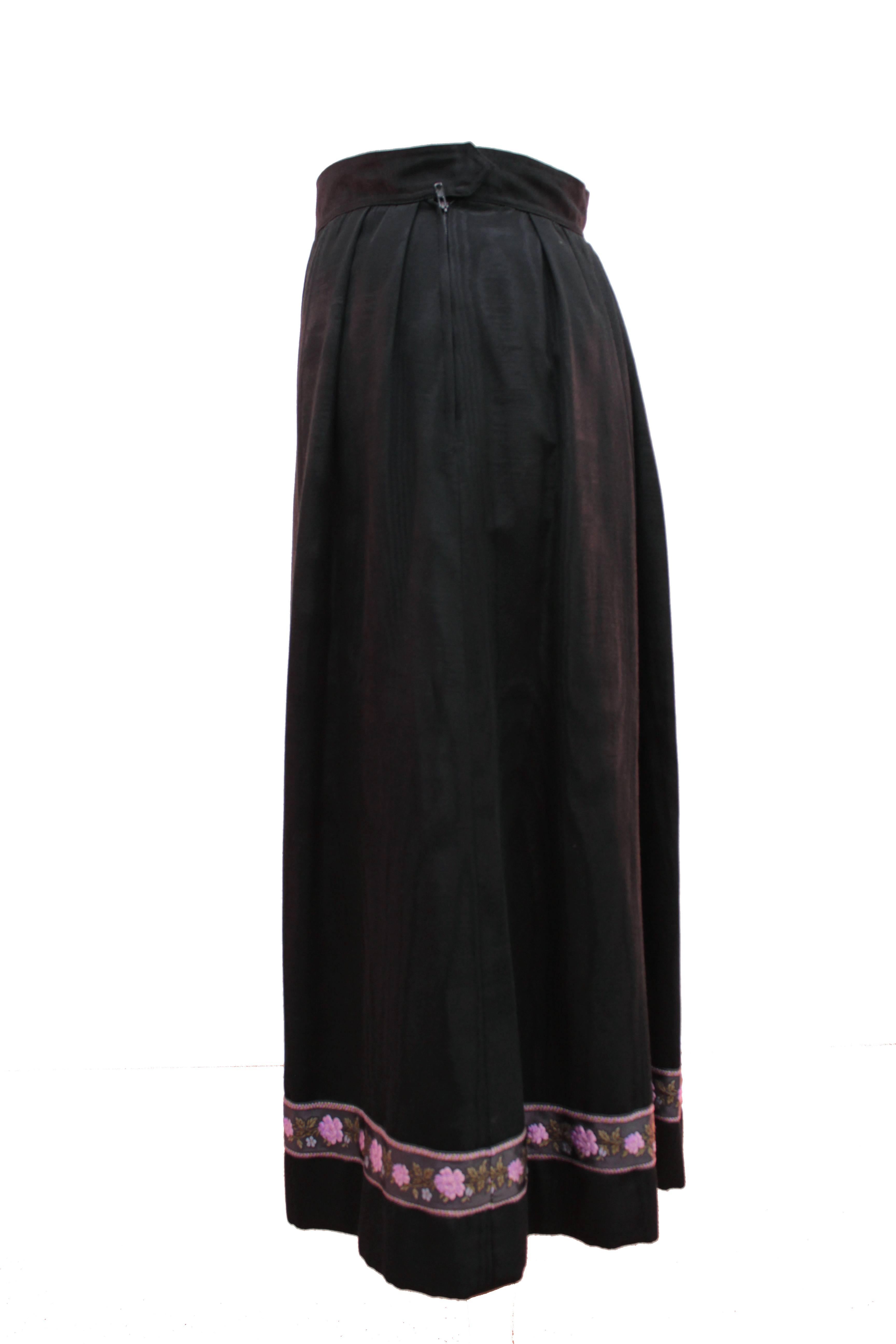 Women's Yves Saint Laurent Silk Skirt Black Moire Embroidered Hem Russian Peasant 70s