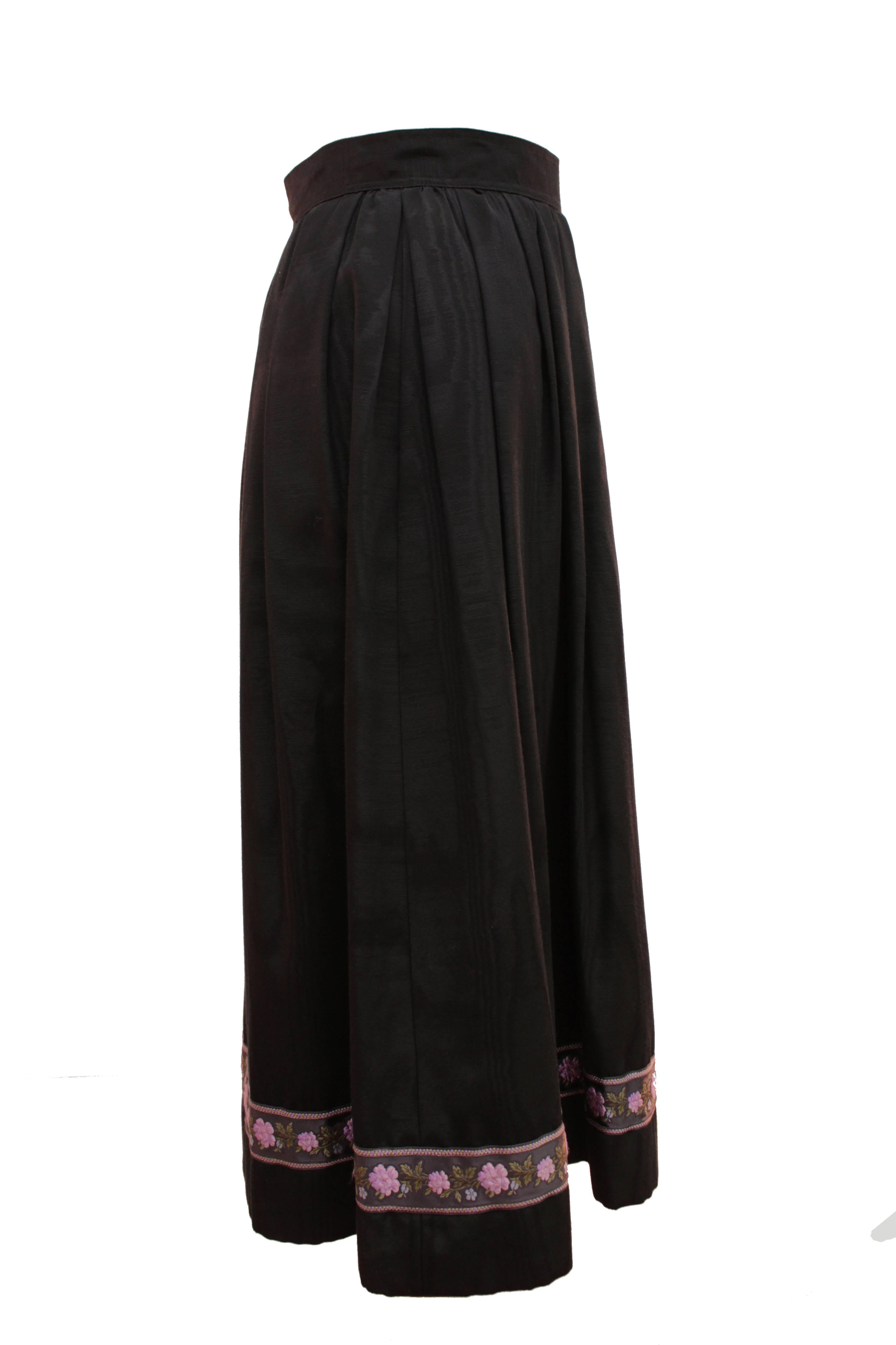 Yves Saint Laurent Silk Skirt Black Moire Embroidered Hem Russian Peasant 70s 2