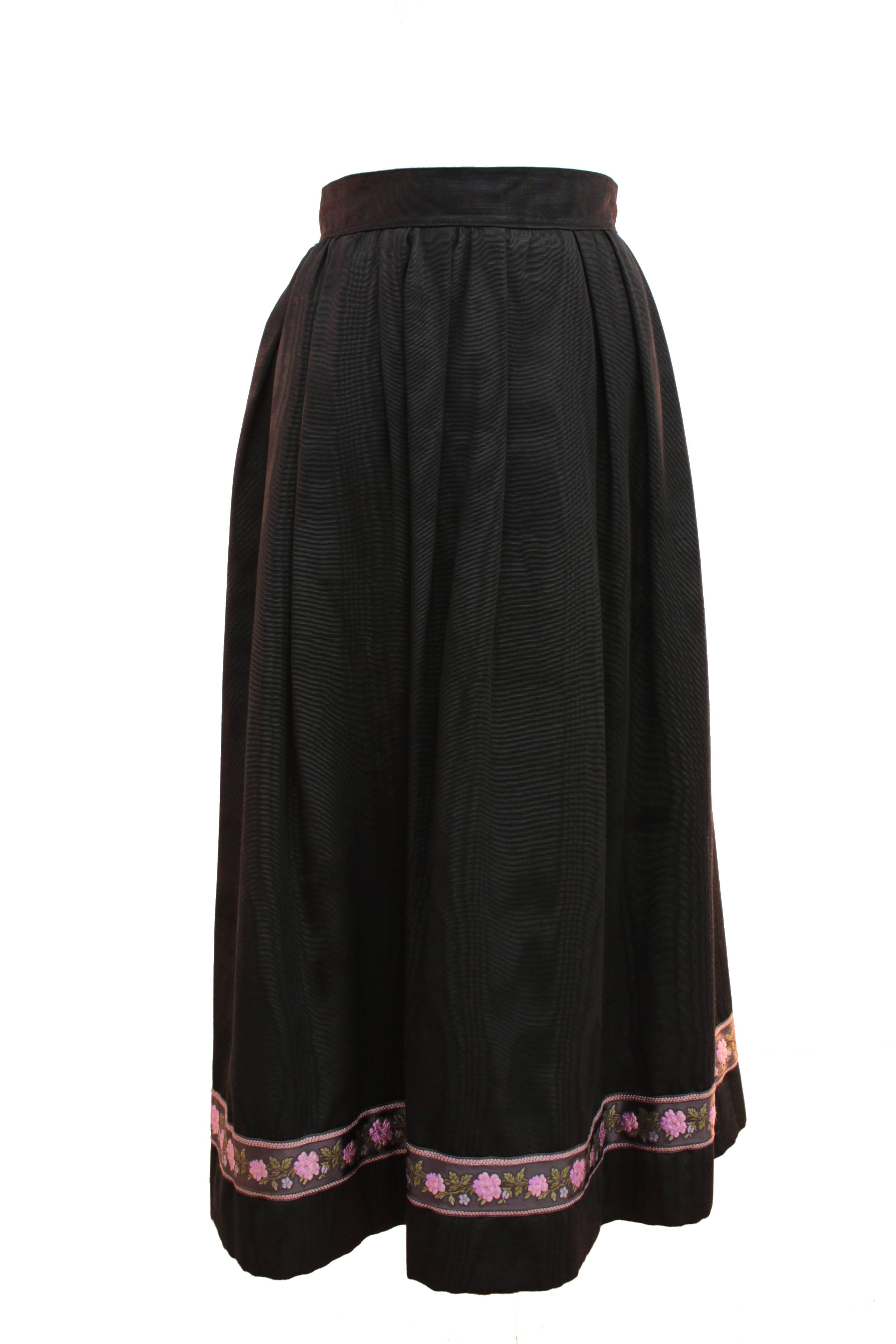 Yves Saint Laurent Silk Skirt Black Moire Embroidered Hem Russian Peasant 70s 1