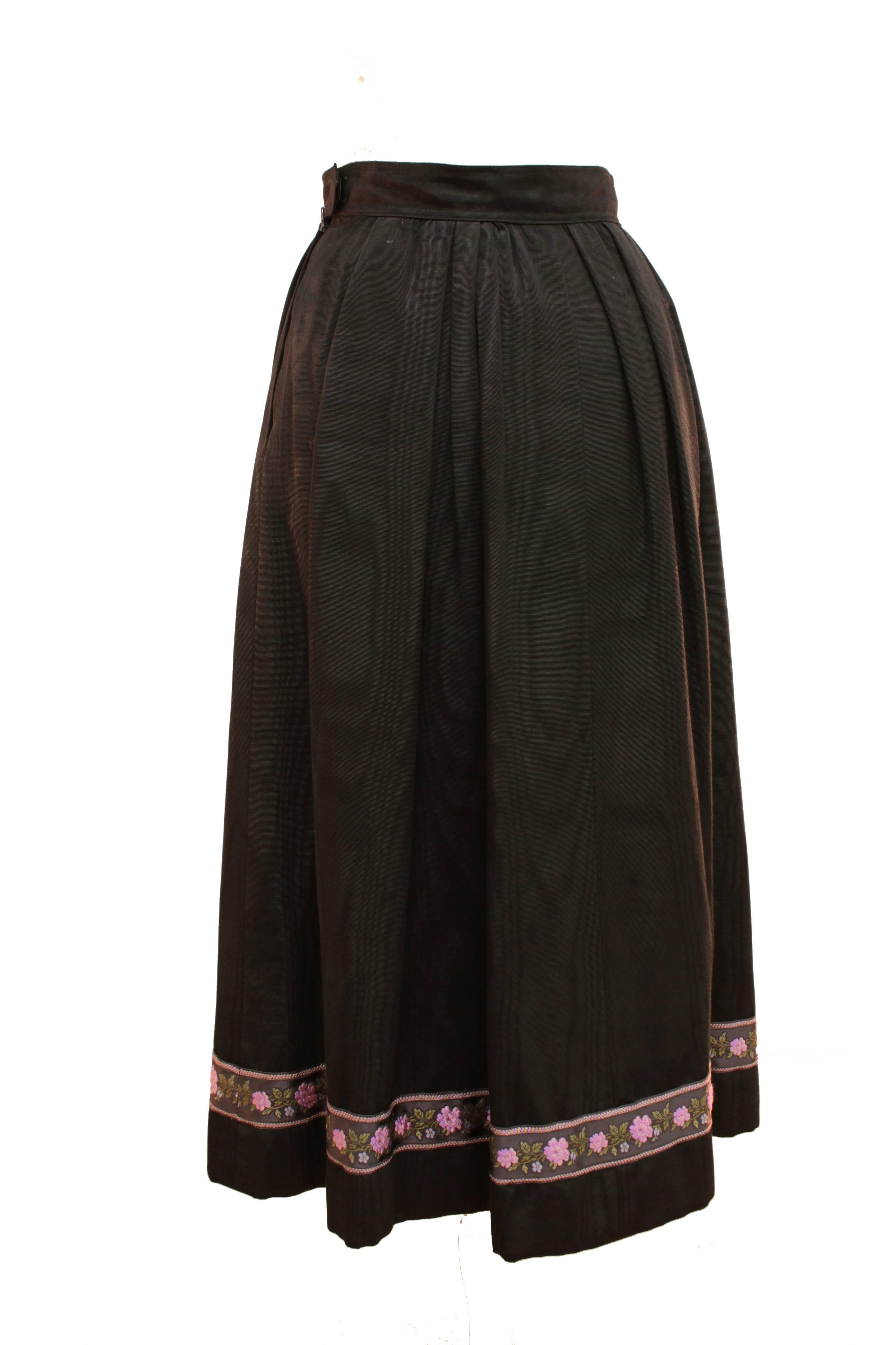 Yves Saint Laurent Silk Skirt Black Moire Embroidered Hem Russian Peasant 70s In Good Condition In Port Saint Lucie, FL