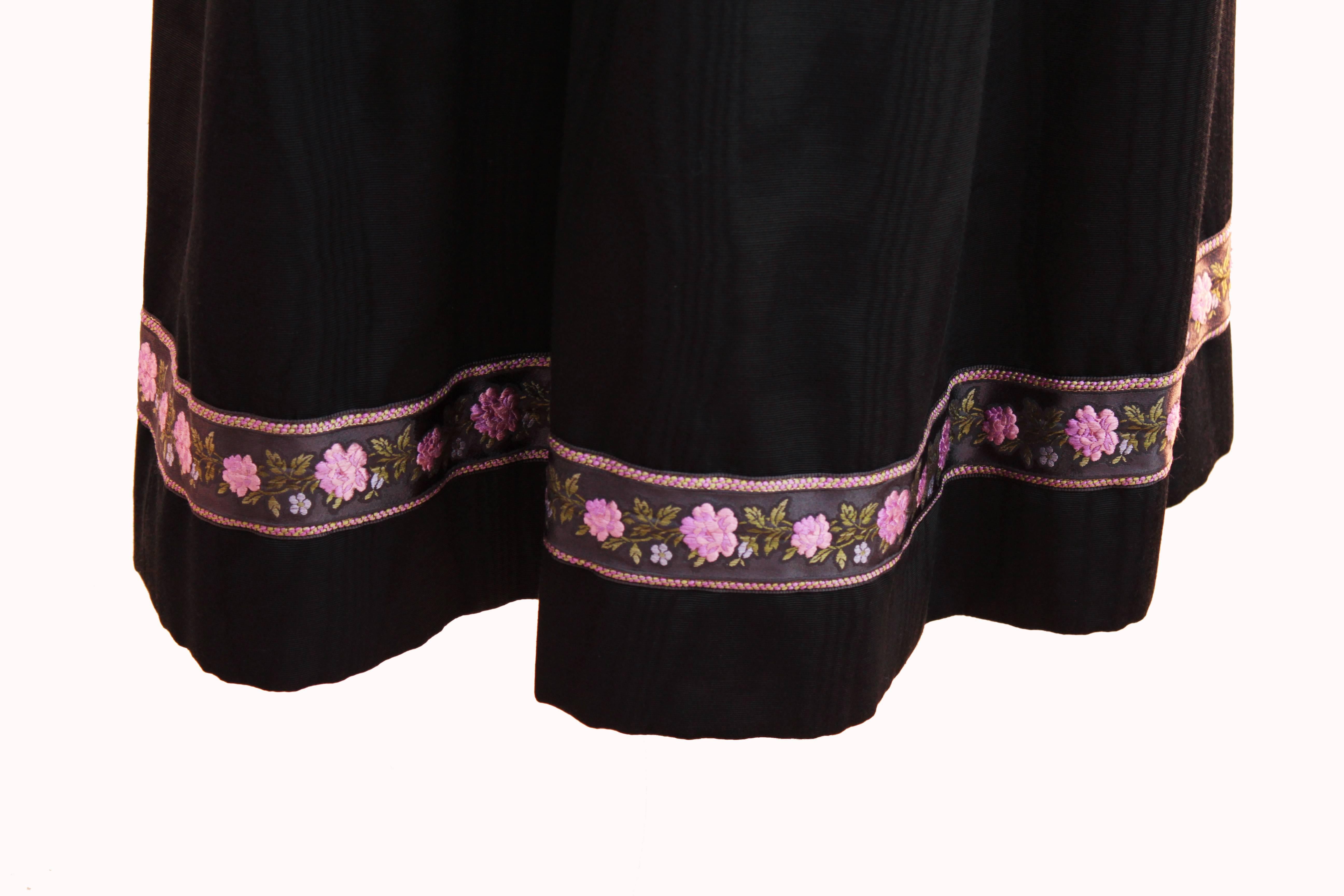Yves Saint Laurent Silk Skirt Black Moire Embroidered Hem Russian Peasant 70s 3