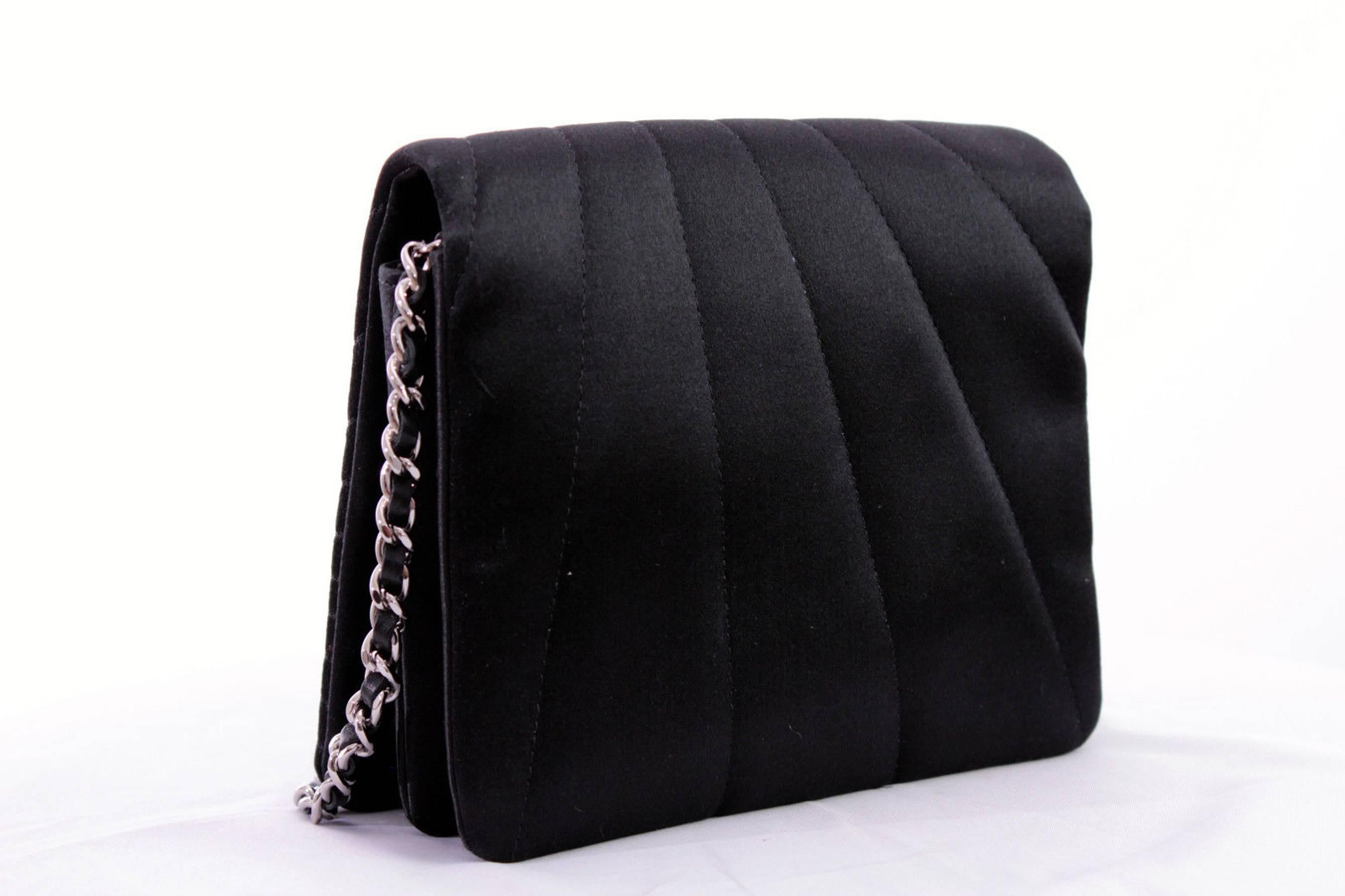 Women's Chanel Evening Bag Black Stitched Silk Satin + Leather Chain Mirror Detail 2002