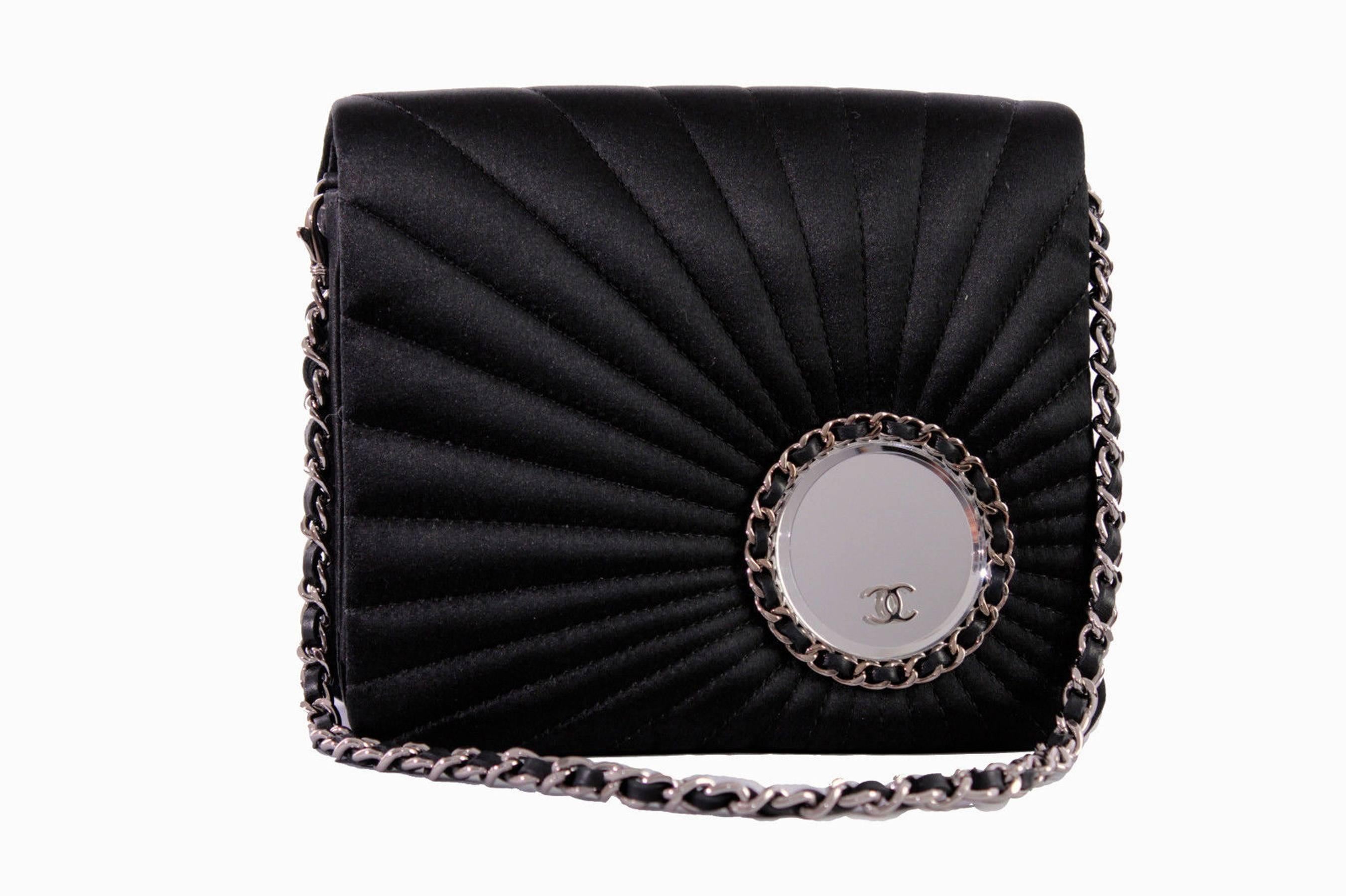 Chanel Evening Bag Black Stitched Silk Satin + Leather Chain Mirror Detail 2002 1